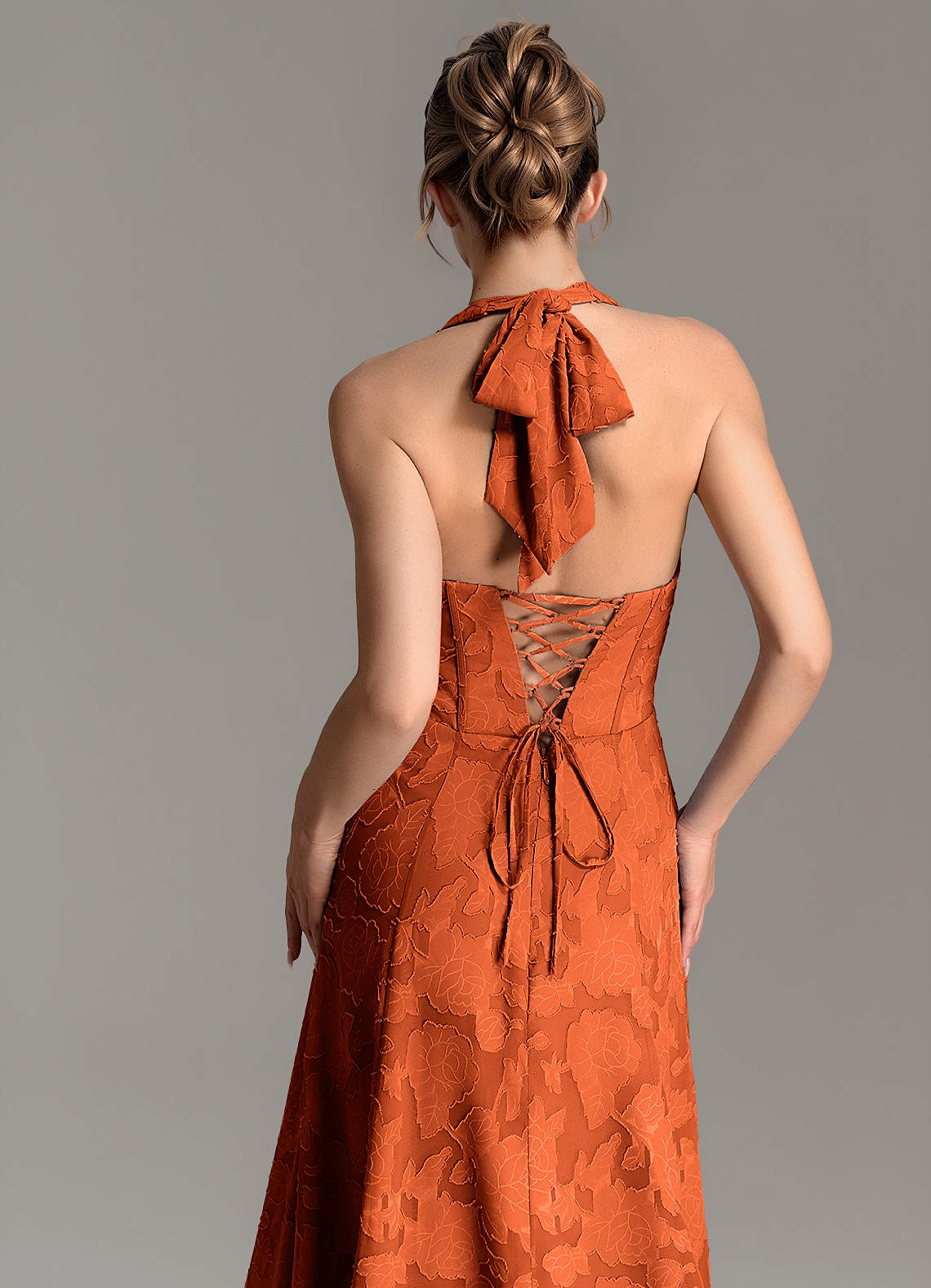 Nia A-Line V-Neck Floral Burnout Bridesmaid Dress in Paprika