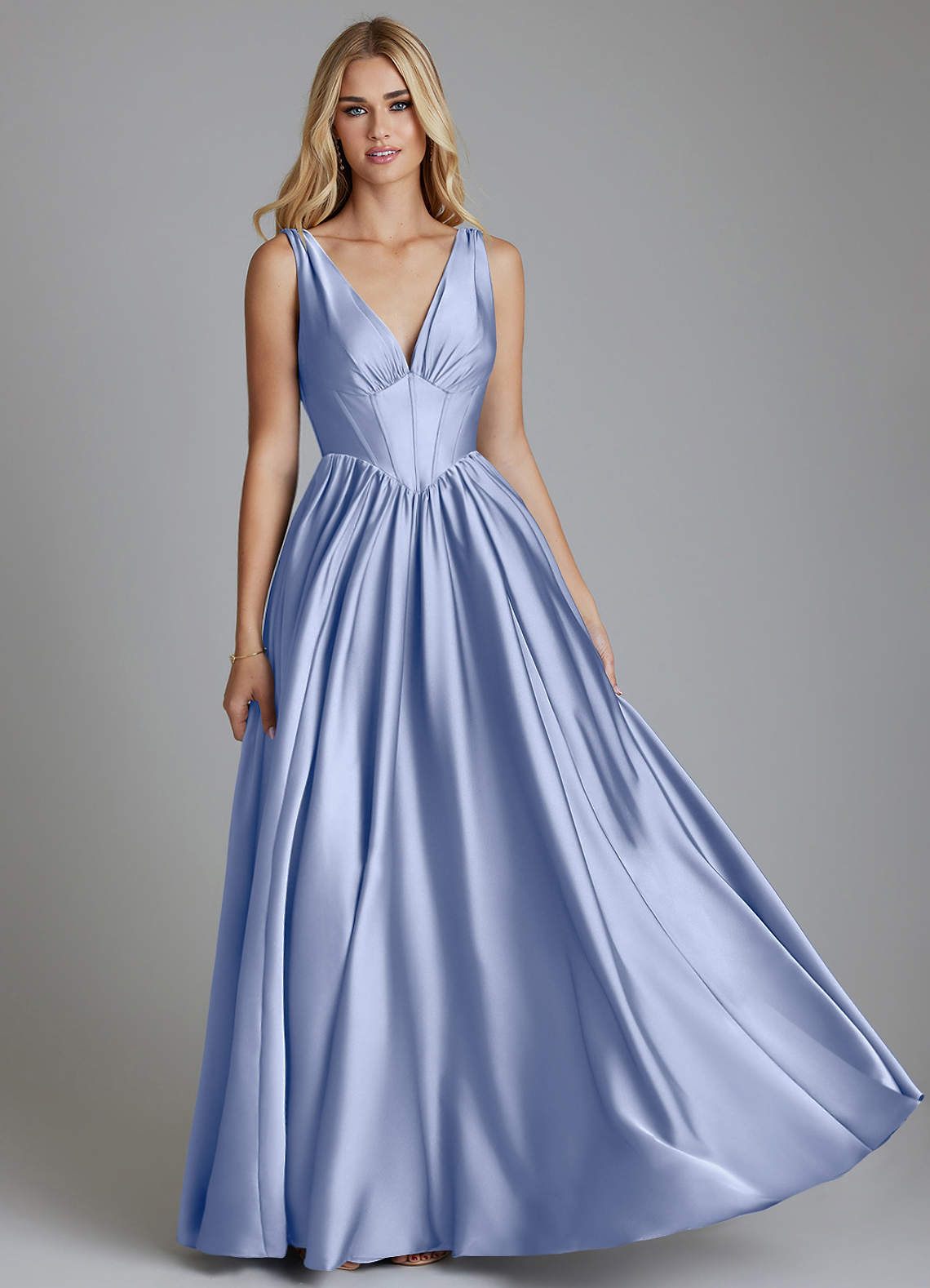 Delmie A-Line V-Neck Stretch Satin Bridesmaid Dress in Ice