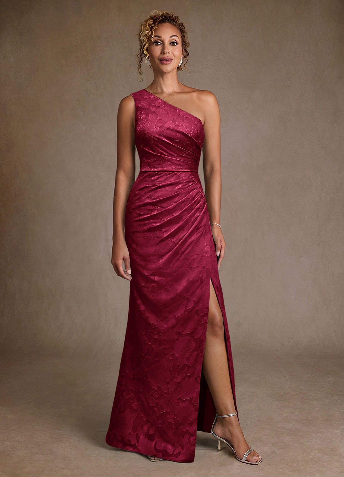Joylin Trumpet One-Shoulder Floral Burnout Mother of the Bride Dress in Burgundy