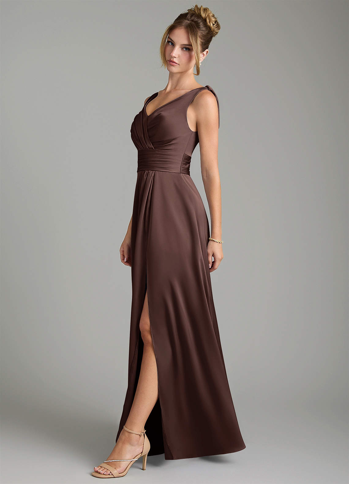 Karina A-Line V-Neck Stretch Satin Bridesmaid Dress in Ganache