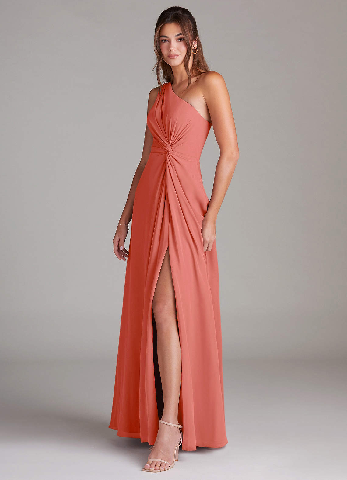 Brooke A-Line One-Shoulder Chiffon Bridesmaid Dress in Salmon Pink