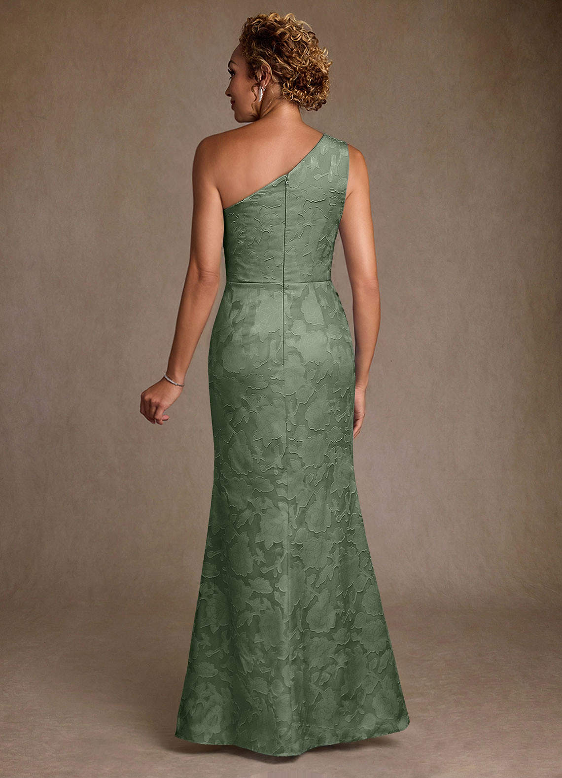 Joylin Trumpet One-Shoulder Floral Burnout Mother of the Bride Dress in matcha