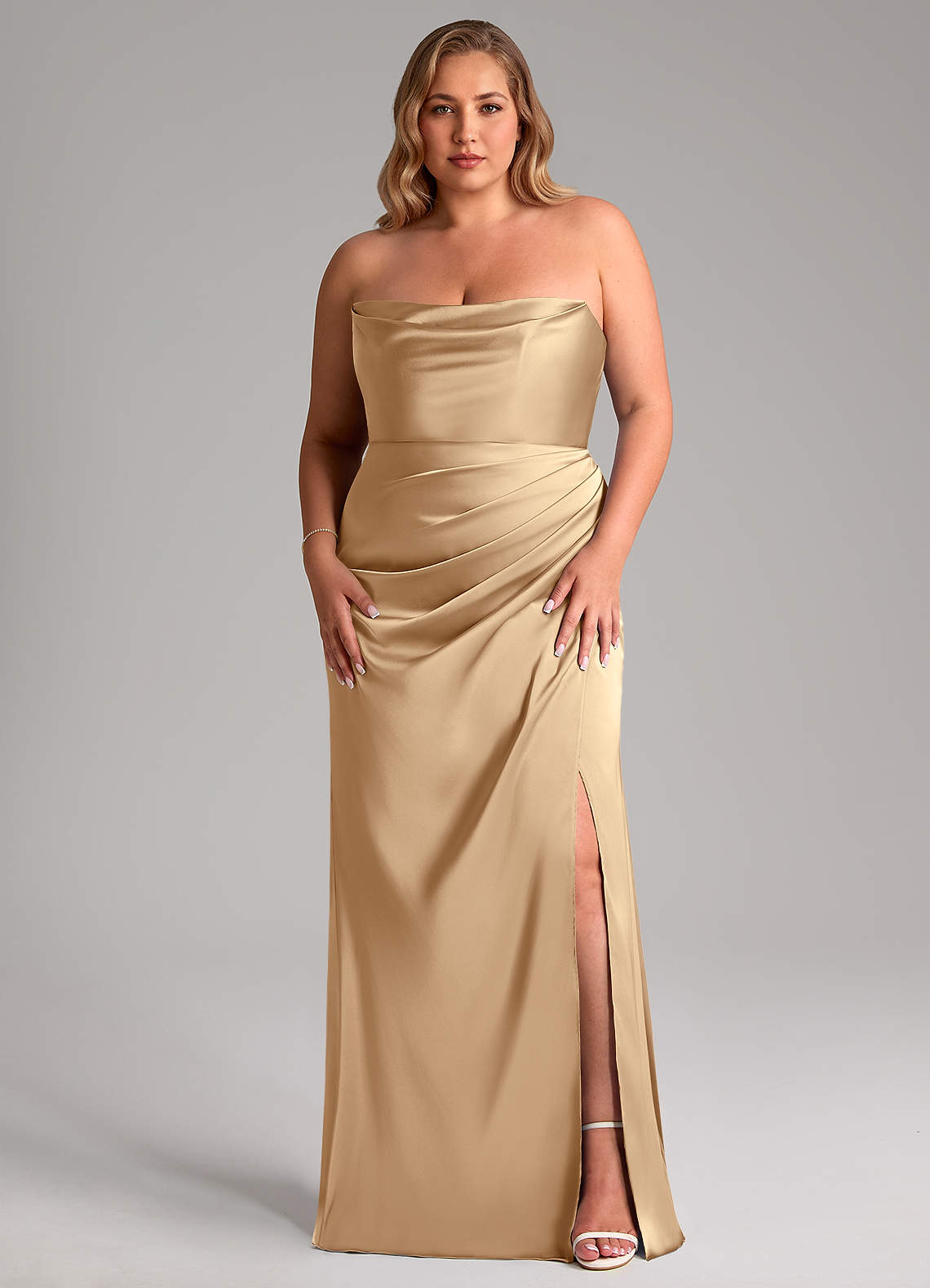 Leonis Mermaid Cowl-Neck Stretch Satin Bridesmaid Dress in Champagne