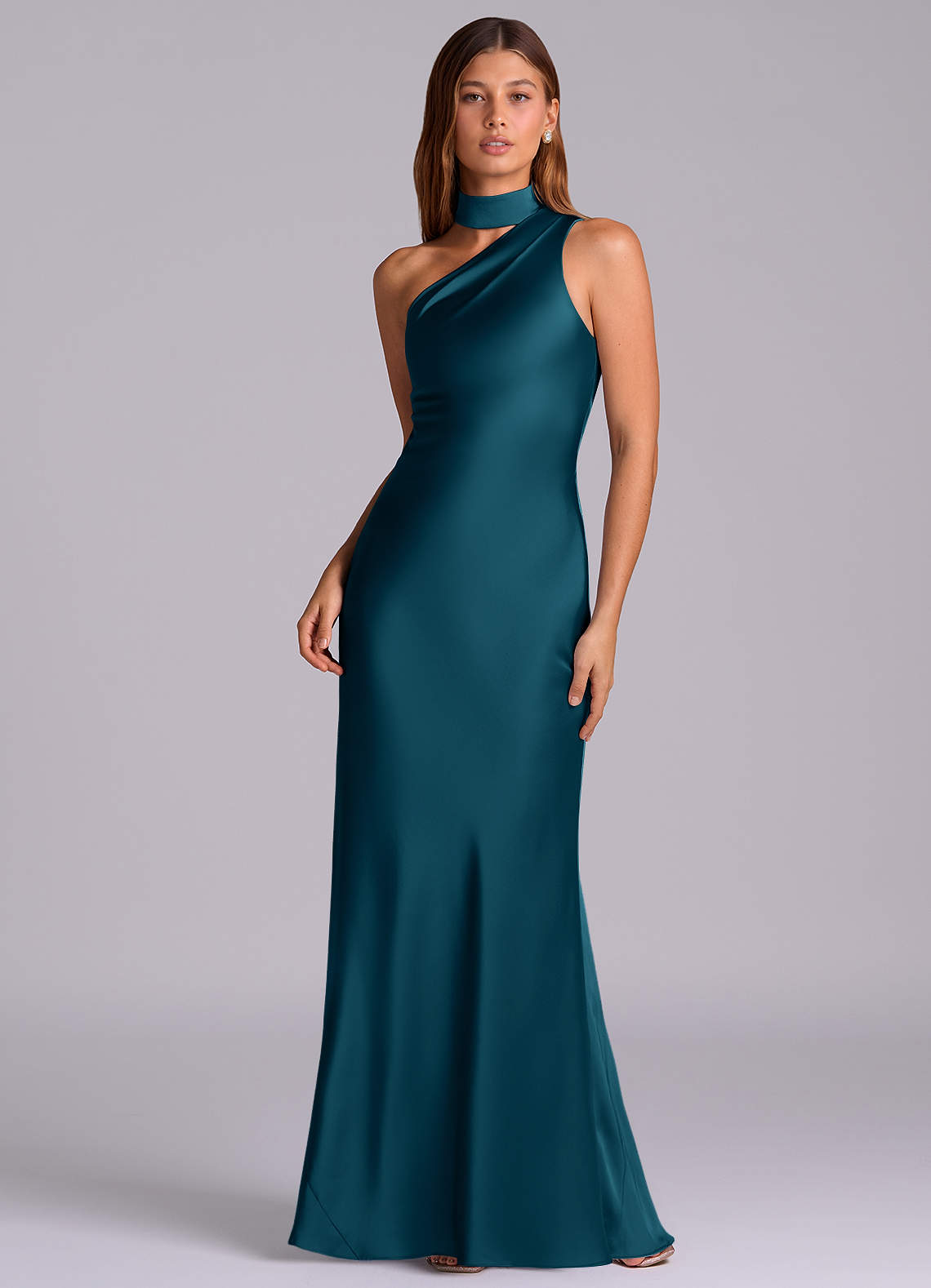Seona Mermaid One-Shoulder Stretch Satin and Tulle Bridesmaid Dress in Ink Blue