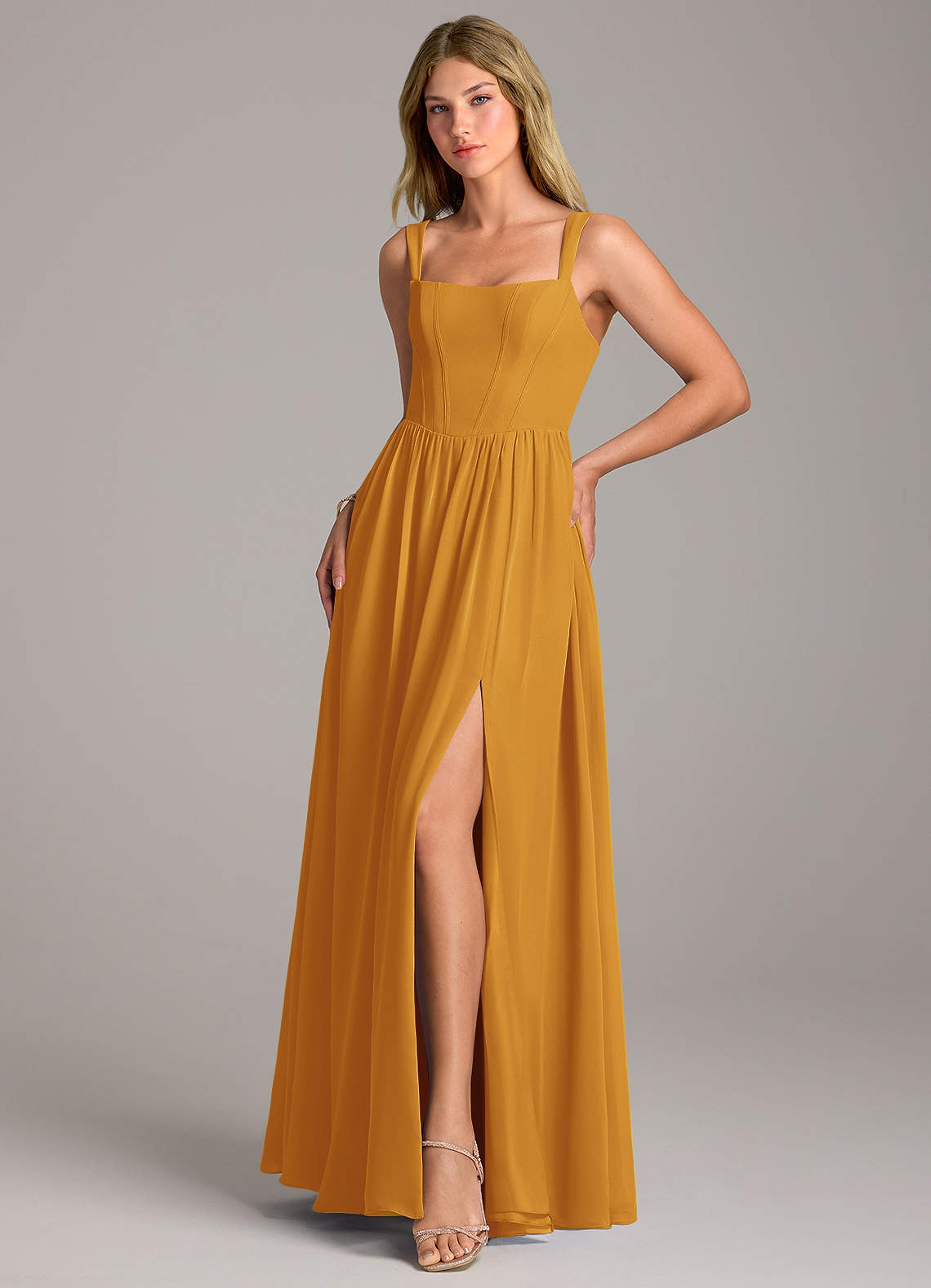 Rosaline A-Line Square-Neck Chiffon Bridesmaid Dress in butterscotch