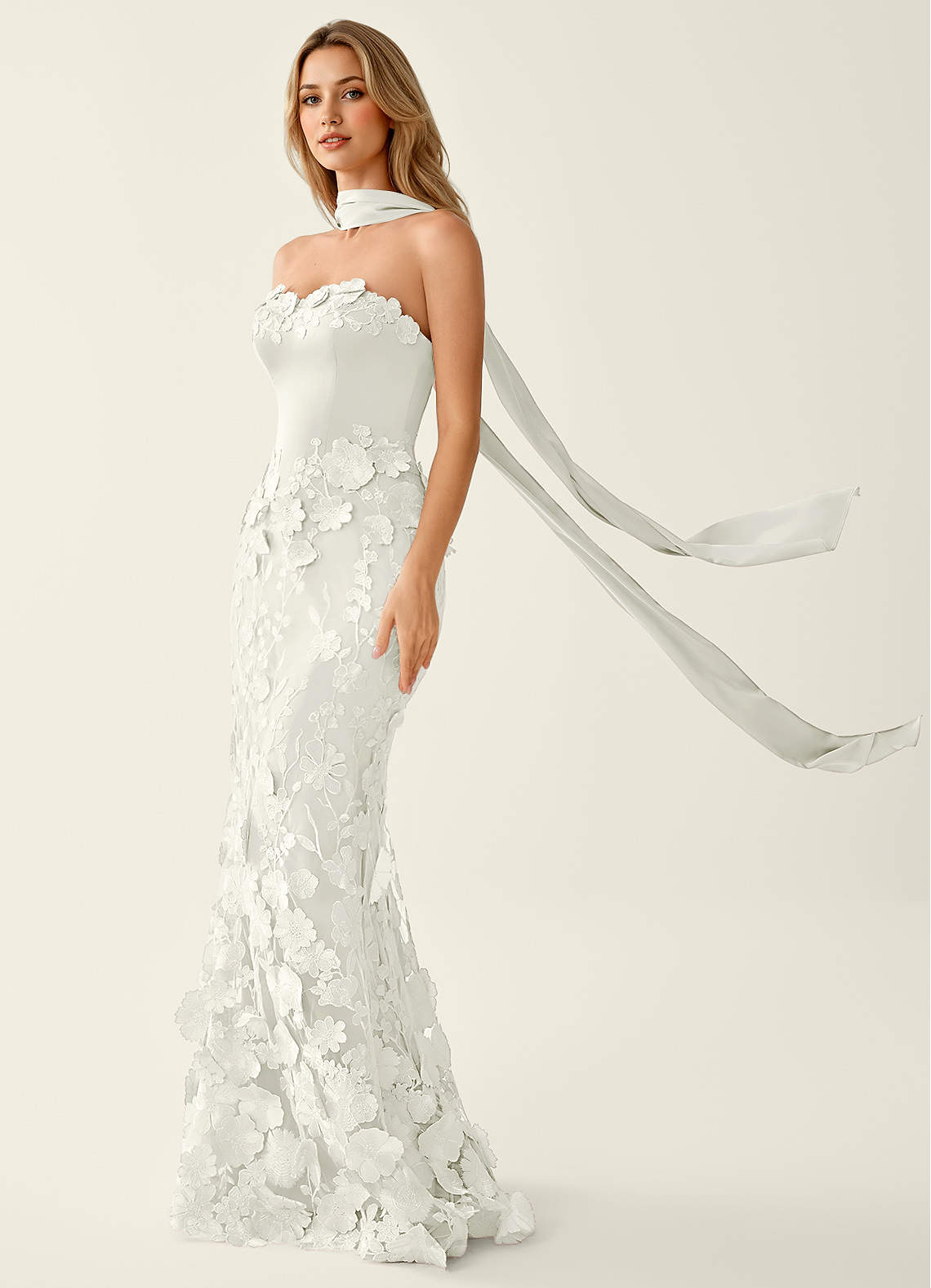 Wrensincia Mermaid Strapless Crystal Linen Satin Evening Dress in White