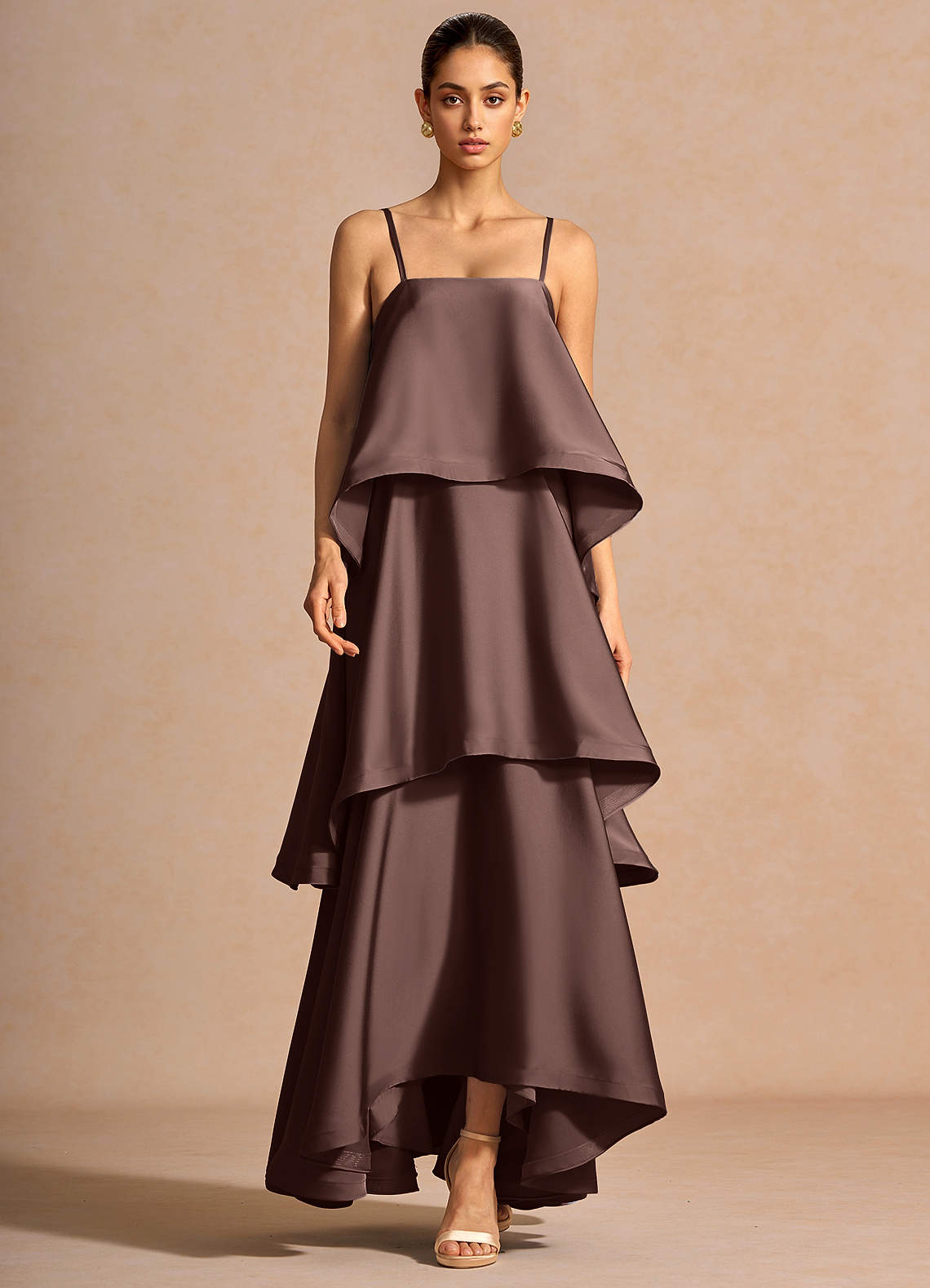 Itasca A-Line Tiered Stretch Satin Wedding Guest Dress in Truffle
