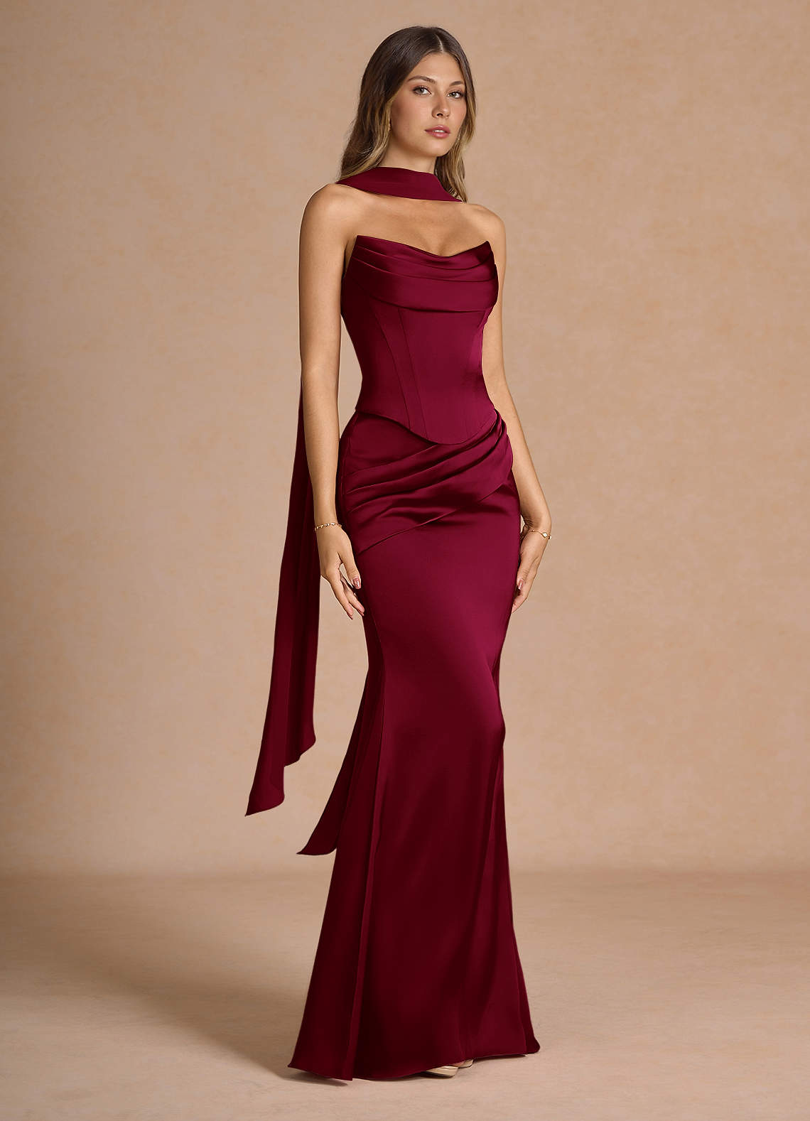 Sorrel Mermaid Corset Stretch Satin Evening Set in Merlot
