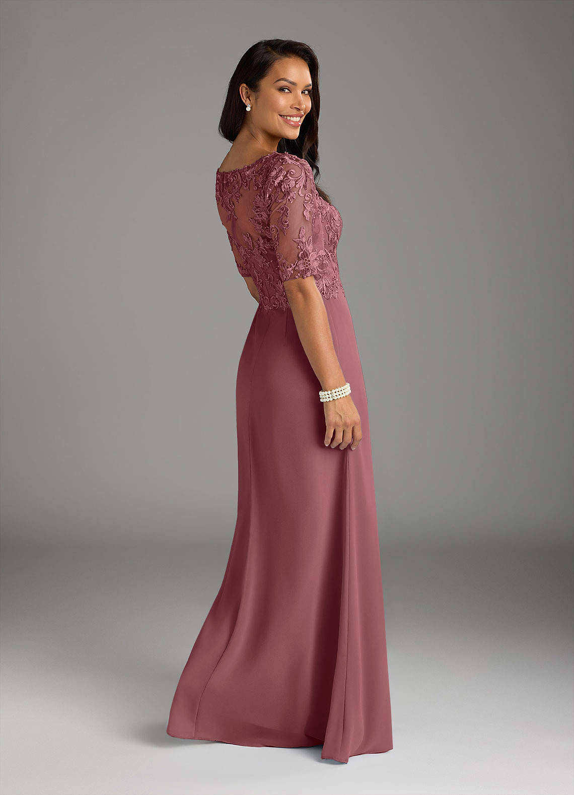 Amedeus A-Line V-Neck Chiffon and Lace Mother of the Bride Dress in Desert Rose