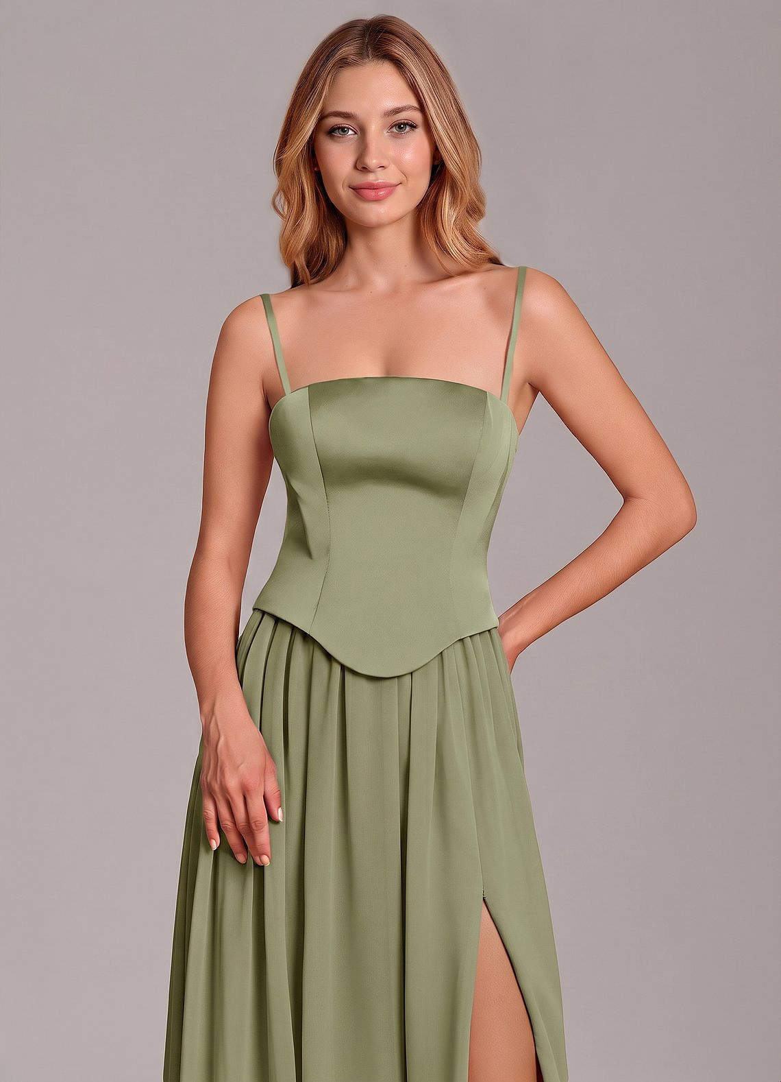 Cadence A-Line Strapless Chiffon and Stretch Satin Bridesmaid Dress in Pistachio