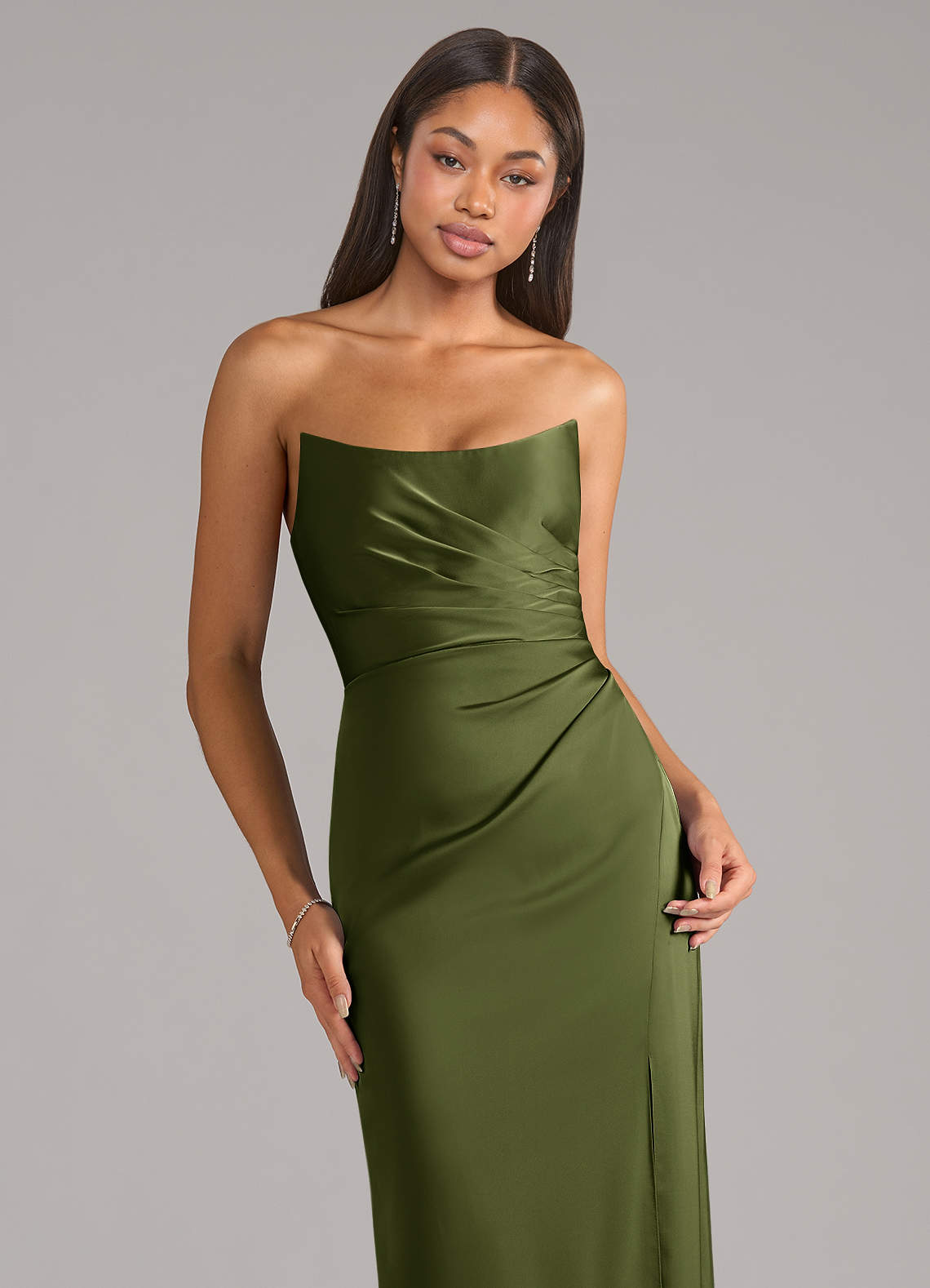 Marla Sheath Strapless Stretch Satin Bridesmaid Dress in Olive