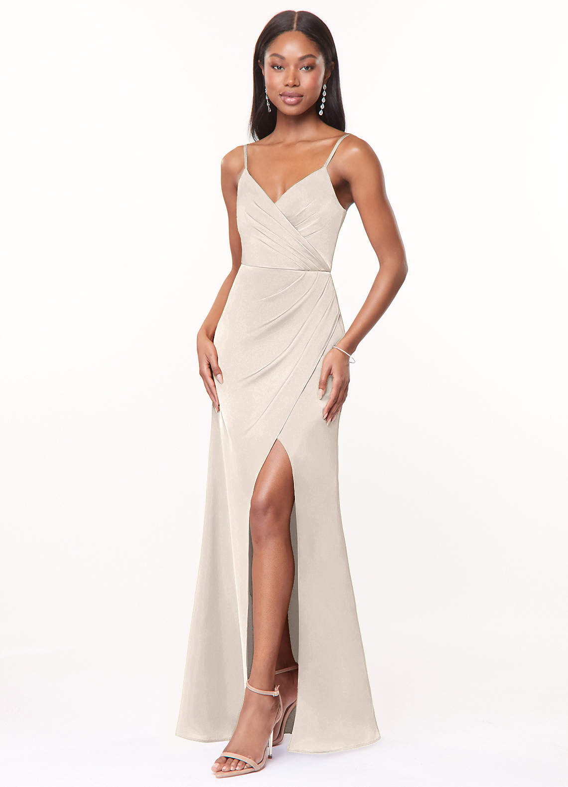 Maci A-Line V-Neck Stretch Satin Bridesmaid Dress in White Alabaster
