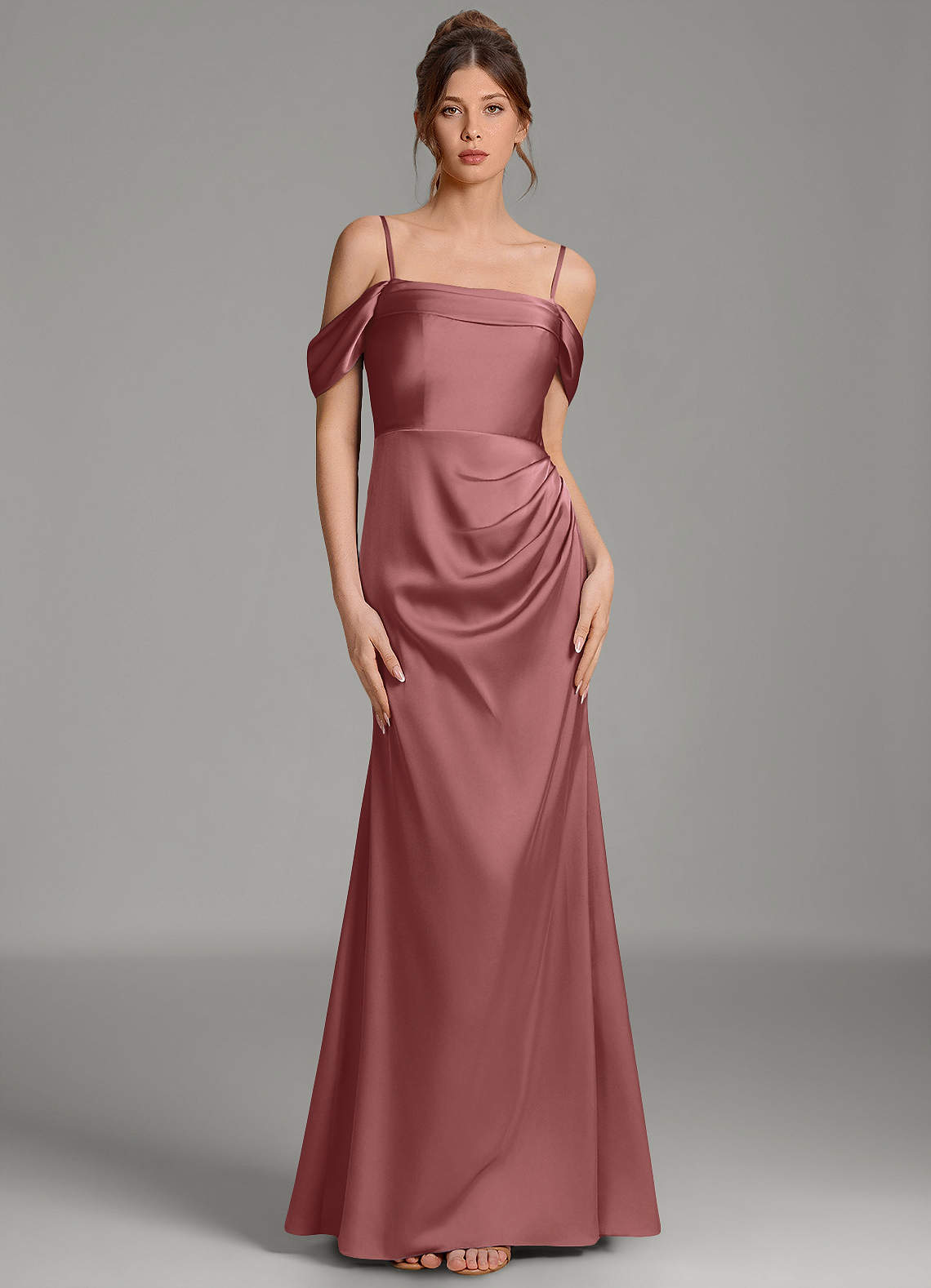 Wyatt Mermaid Off-the-Shoulder Stretch Satin Bridesmaid Dress in Amethyst