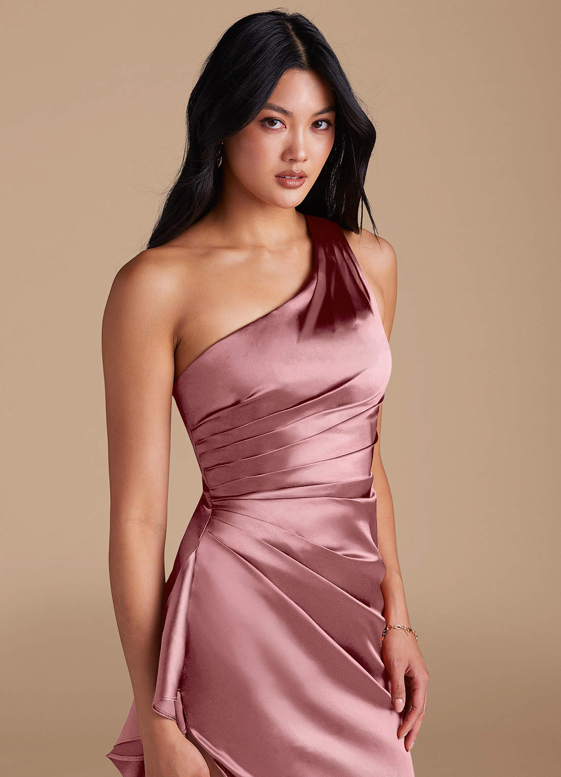 Latrice Sheath One-Shoulder Metallic Satin Bridesmaid Dress in Vintage Mauve