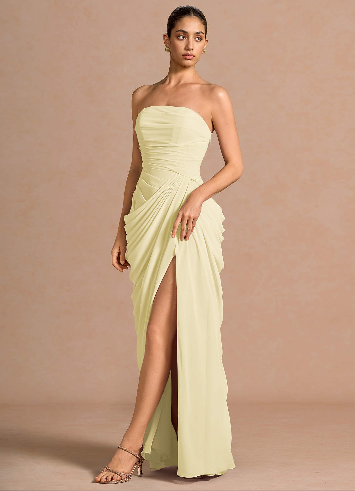 Kaavia Column Pleated Chiffon Maxi Evening Dress in Butter Yellow