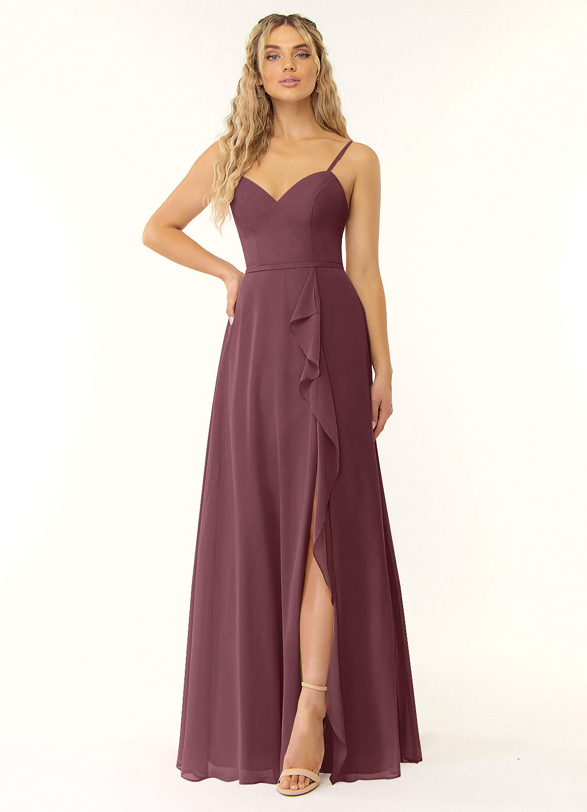 Naeem A-Line V-Neck Chiffon Bridesmaid Dress in Sangria