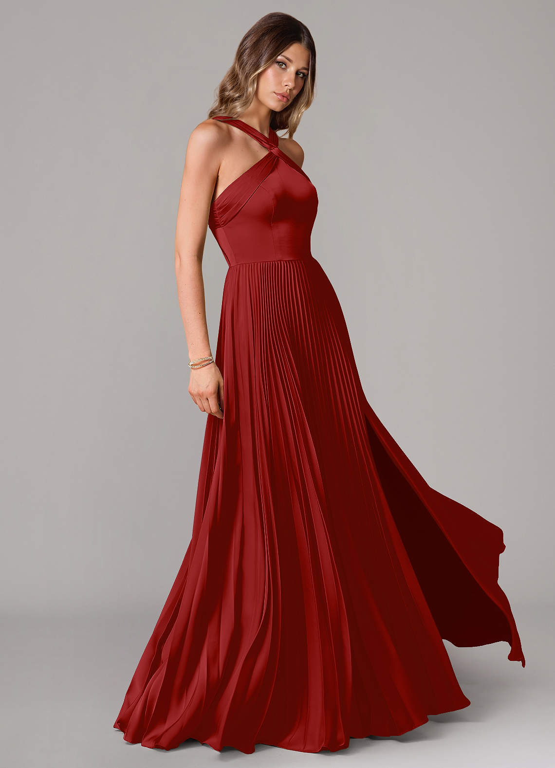 Afra A-Line Halter-Neck Stretch Satin Bridesmaid Dress in Pomegranate