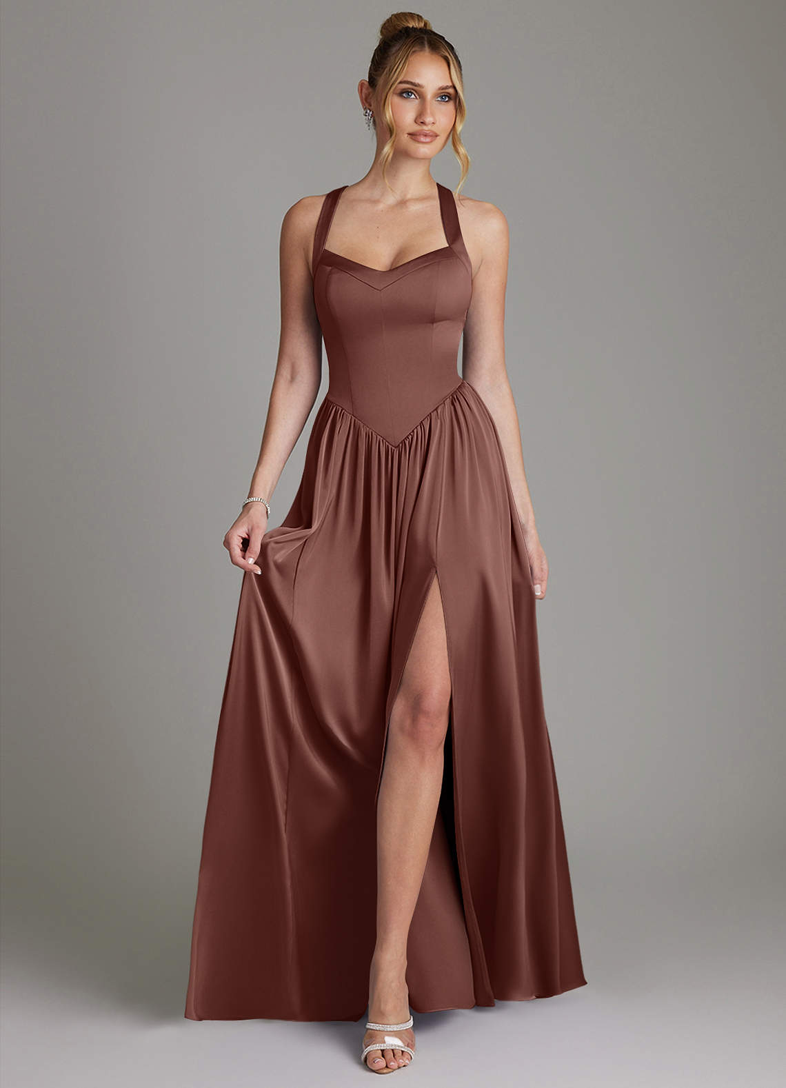 Francis A-Line V-Neck Stretch Satin Bridesmaid Dress in Espresso