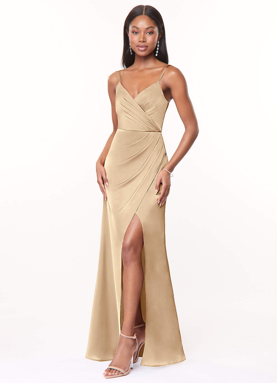 Maci A-Line V-Neck Stretch Satin Bridesmaid Dress in Champagne