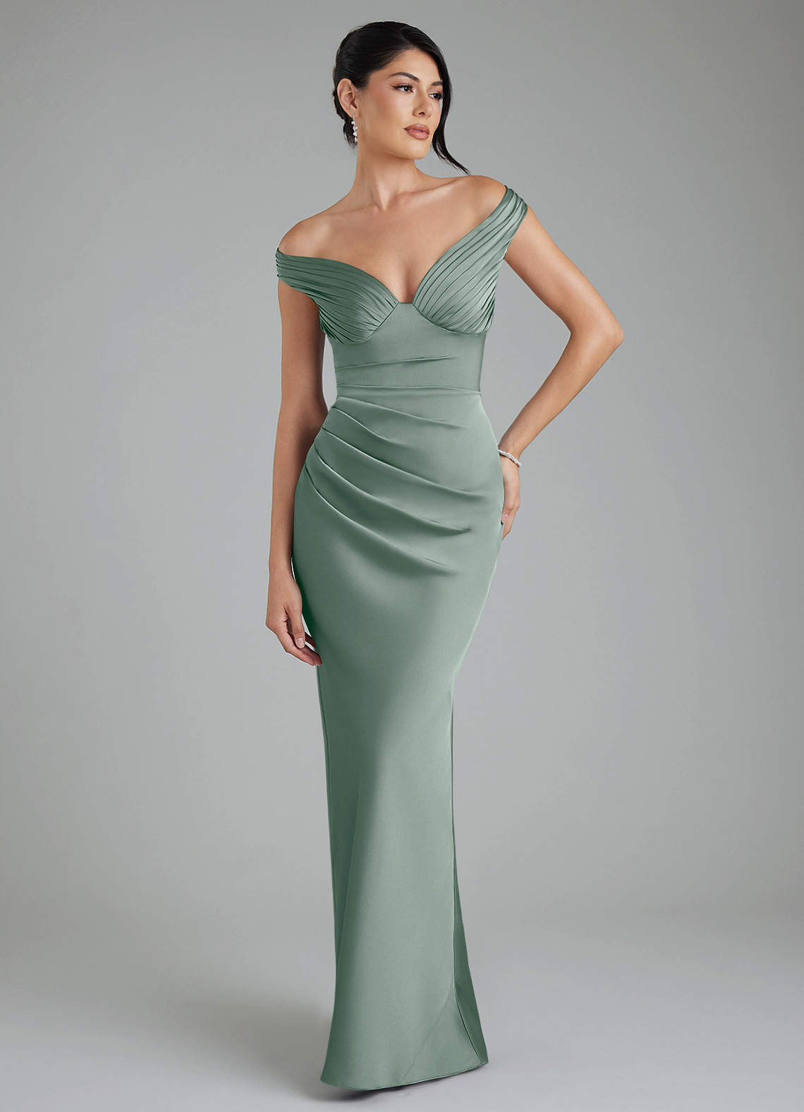 Stella Sheath V-Neck Stretch Satin Bridesmaid Dress in Silver Sage
