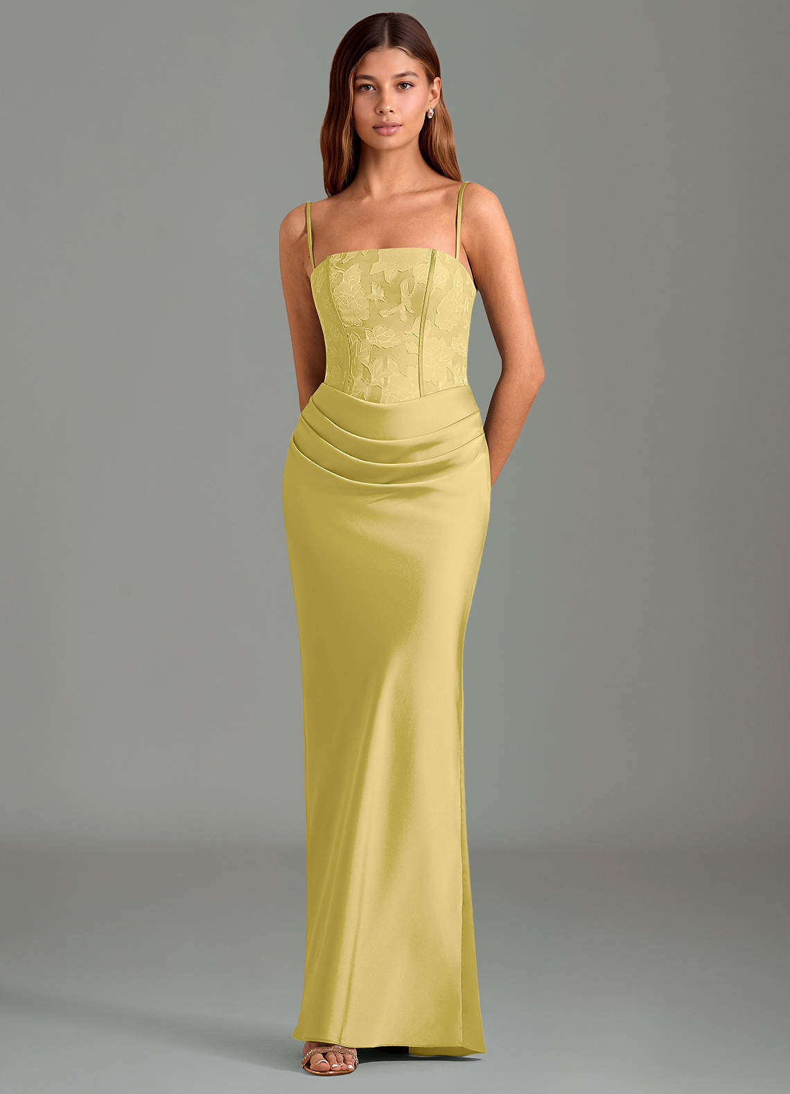 Emilia Mermaid Strapless Stretch Satin and Floral Burnout Bridesmaid Dress in Canary