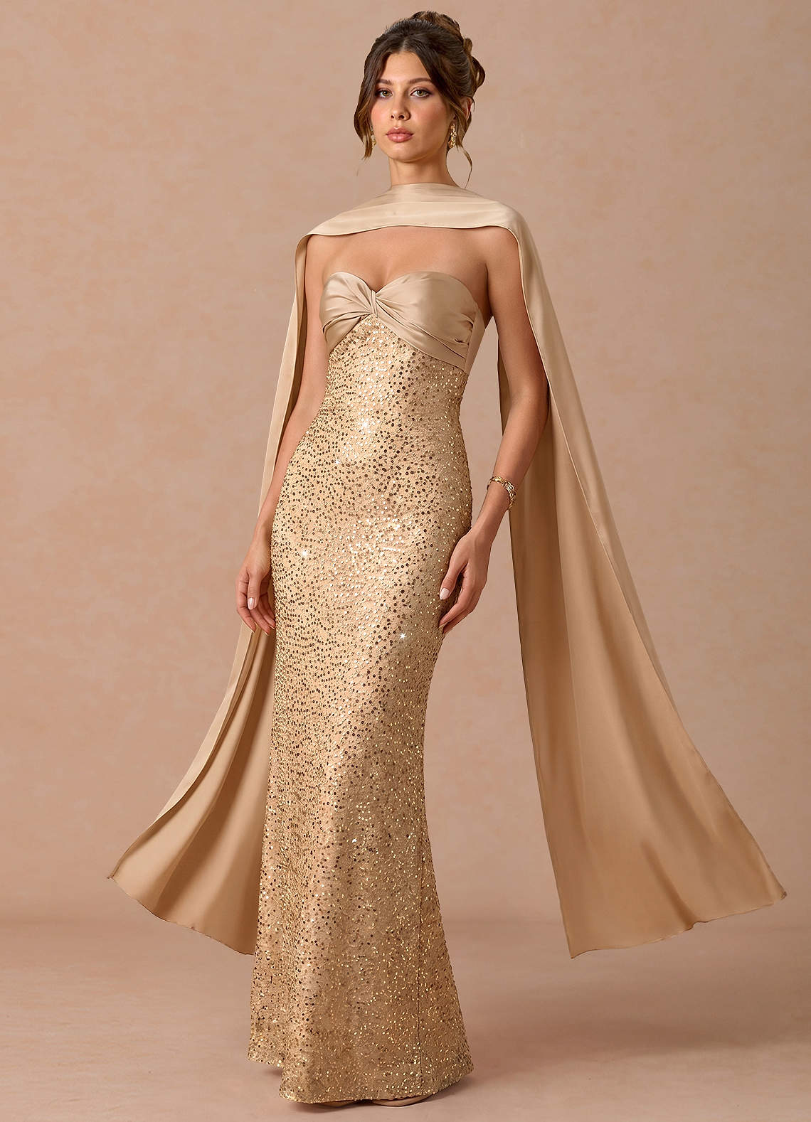 Serelle A-Line Sweetheart Sequin Satin Evening Dress in Gold Champagne