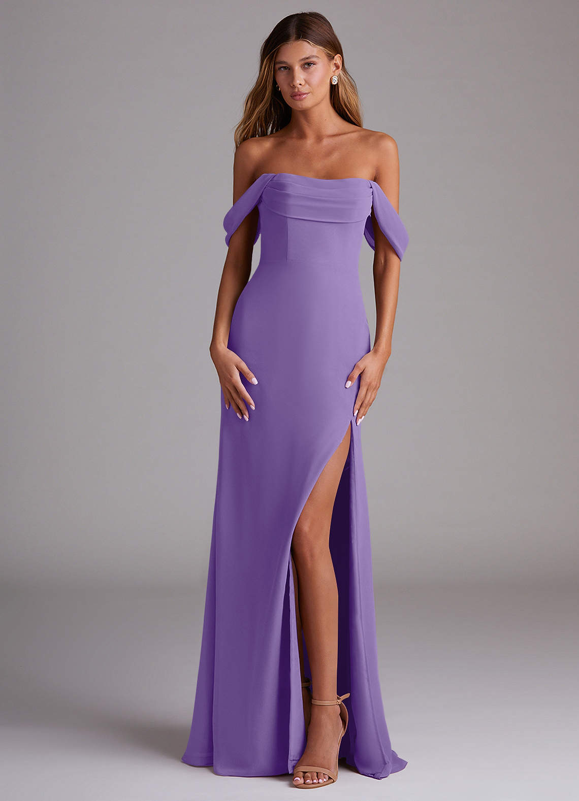 Saige A-Line Off-the-Shoulder Chiffon Bridesmaid Dress in Tahiti