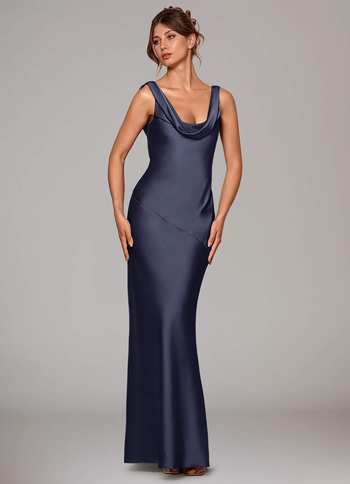 Rylina Mermaid Cowl-Neck Stretch Satin Bridesmaid Dress in Stormy
