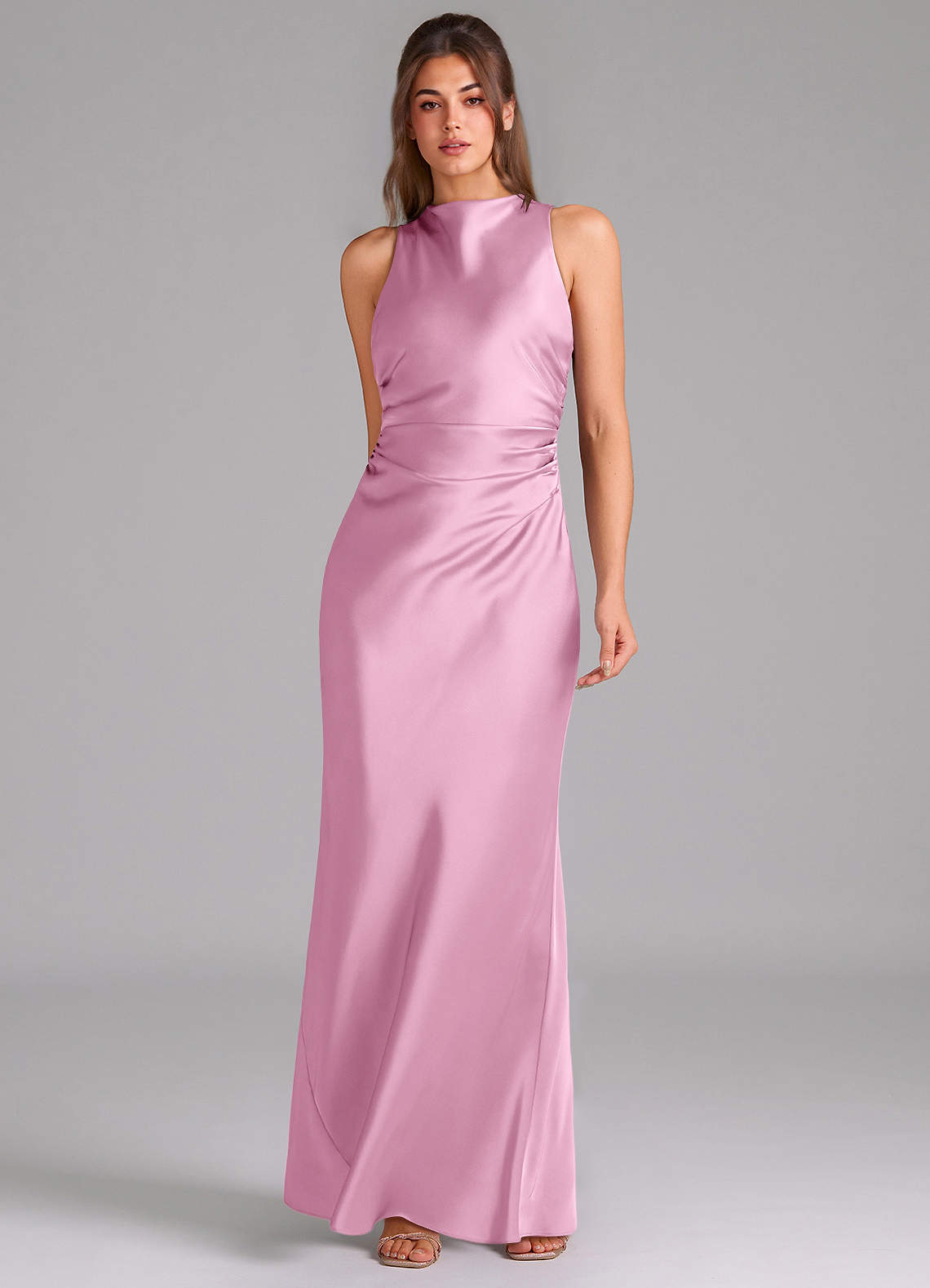 Evadne Sheath Scoop-Neck Stretch Satin Bridesmaid Dress in candy pink