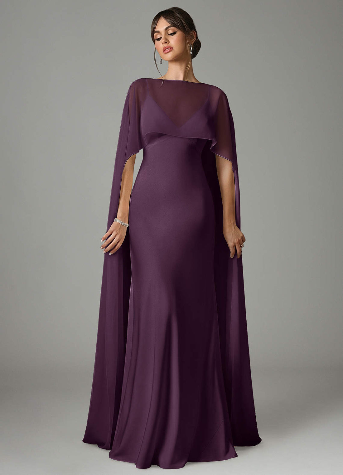 Stefania A-Line V-Neck Stretch Satin and Chiffon Bridesmaid Dress in Plum