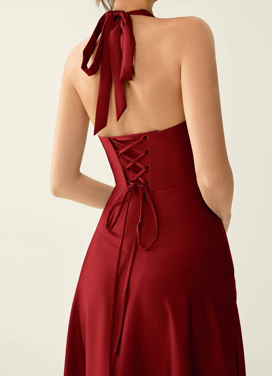 Titania Halter Asymmetric-Ruffle Satin Evening Dress in Ruby Red