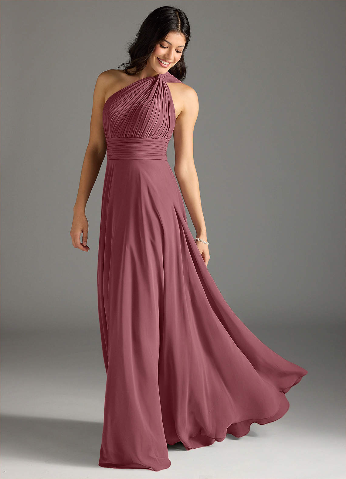 Charlize A-Line One-Shoulder Chiffon Bridesmaid Dress in Desert Rose