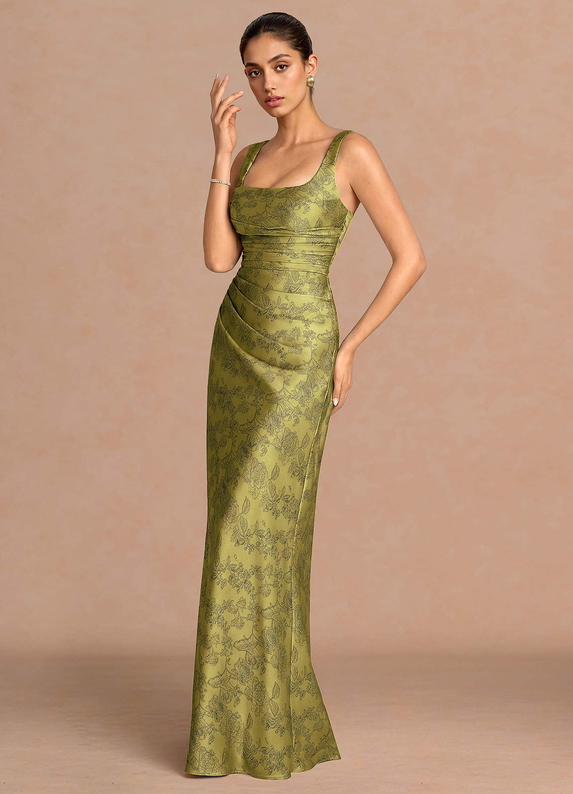 Agustina Square-Neck Pleated Jacquard Evening Dress in Moss Navy