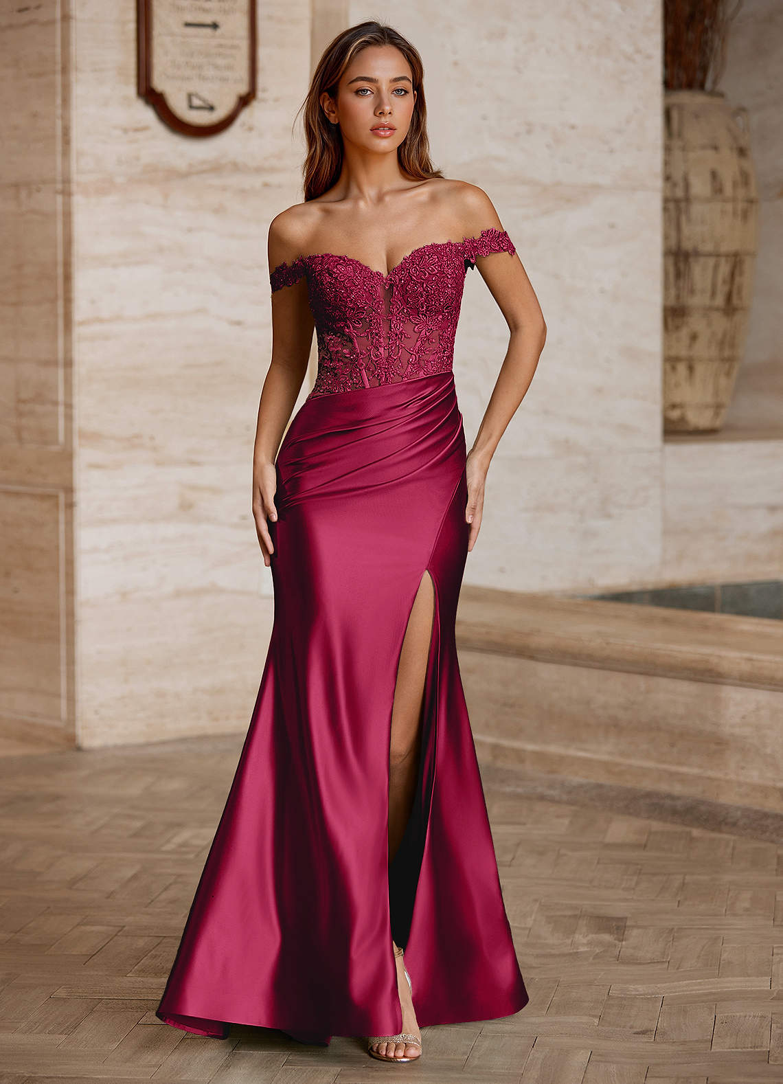 Wrentino Mermaid Off-the-Shoulder Stretch Satin Evening Dress in Burgundy