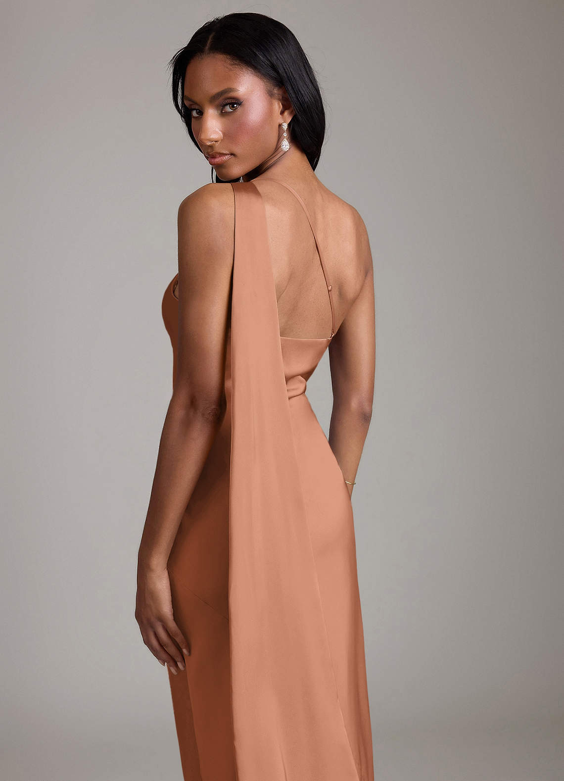 Juniper Mermaid One-Shoulder Stretch Satin Bridesmaid Dress in Bronzer