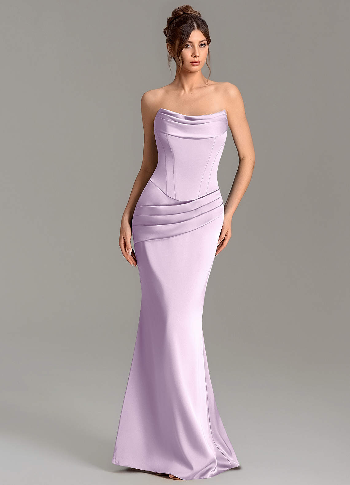 Adrienne Mermaid Cowl-Neck Stretch Satin Bridesmaid Dress in Frosted Lilac