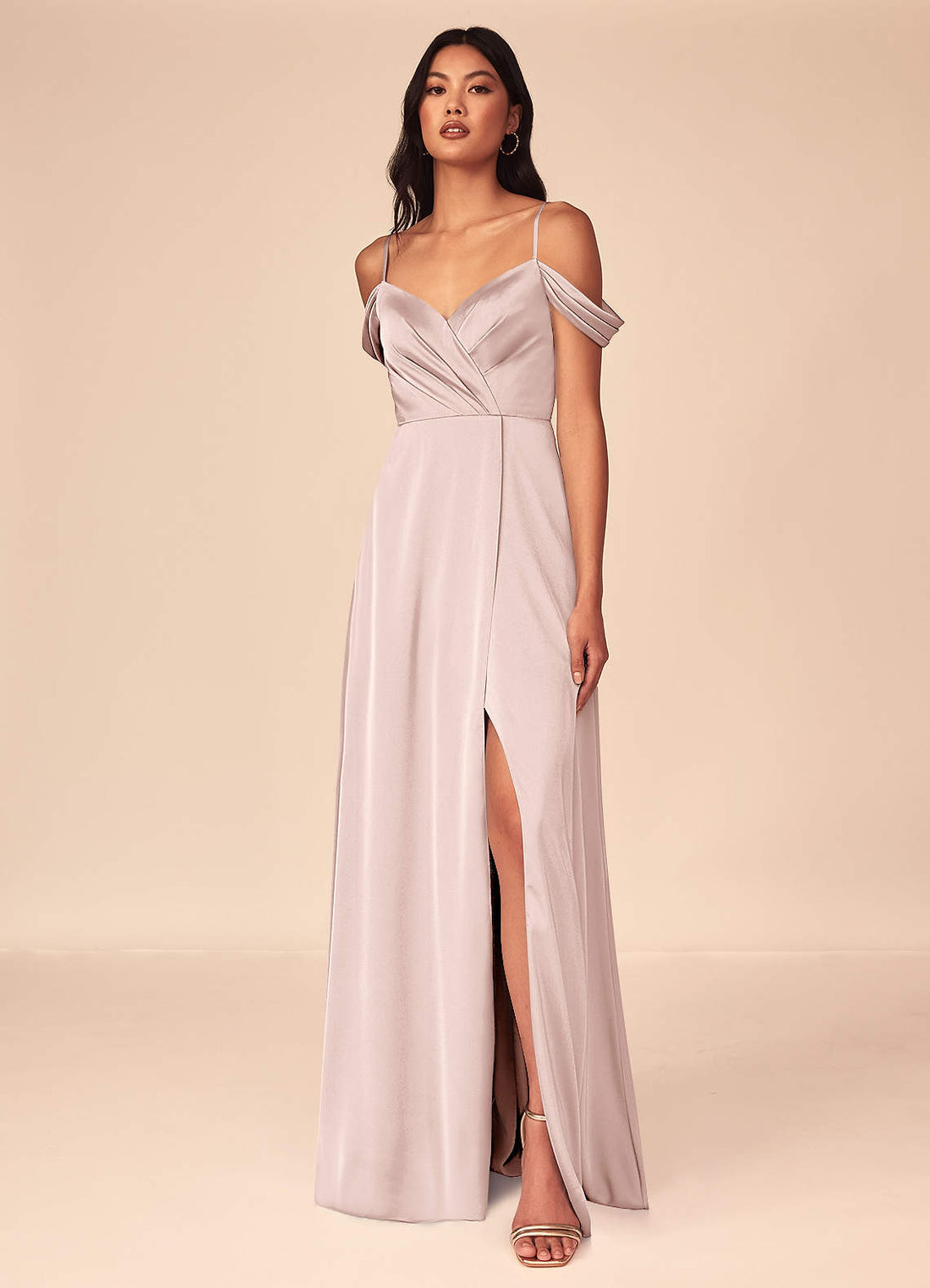 Ocean A-Line V-Neck Stretch Satin Bridesmaid Dress in Blushing Pink