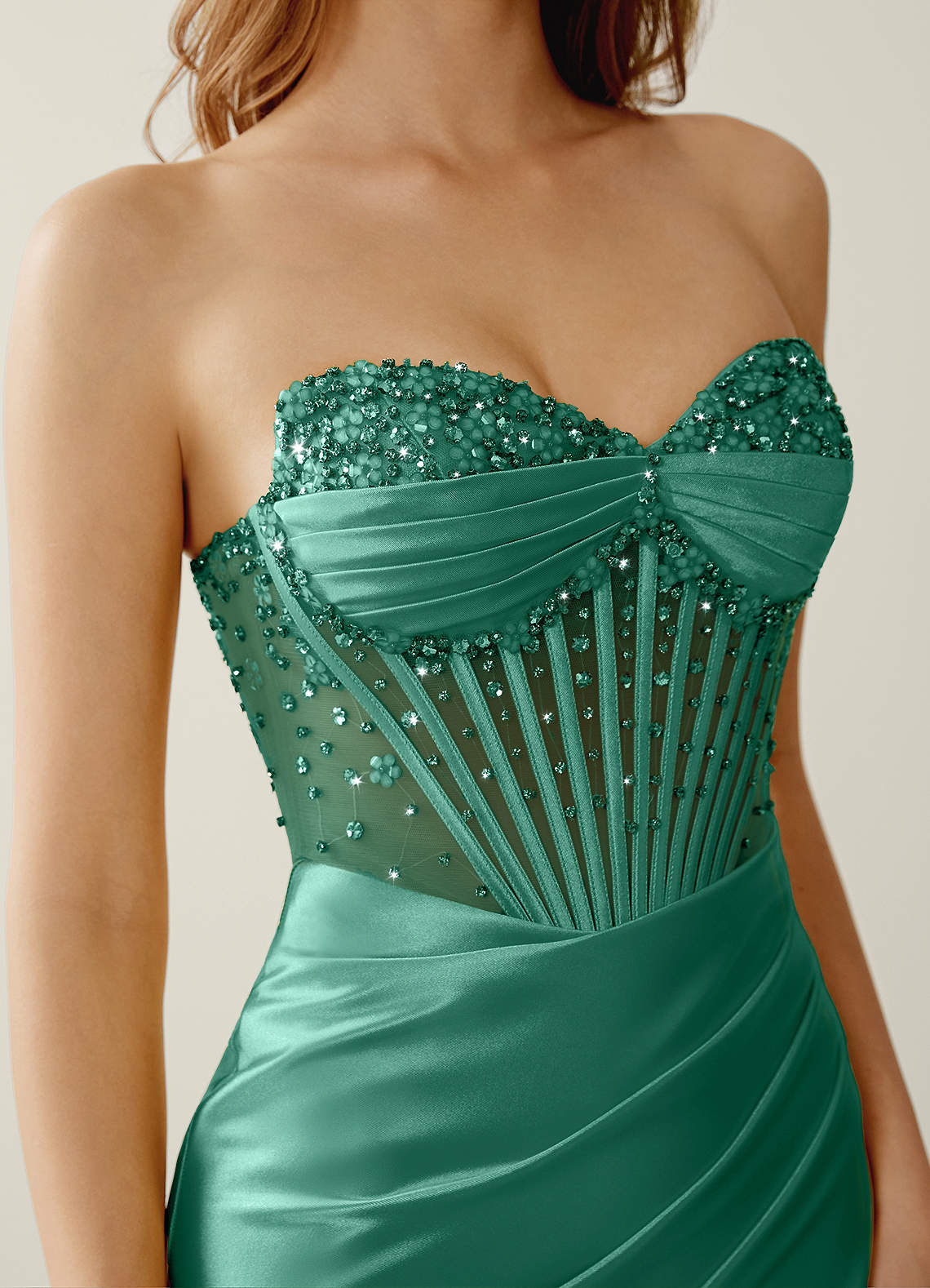 Willa Mermaid Strapless Sequined Satin Evening Dress in Basil