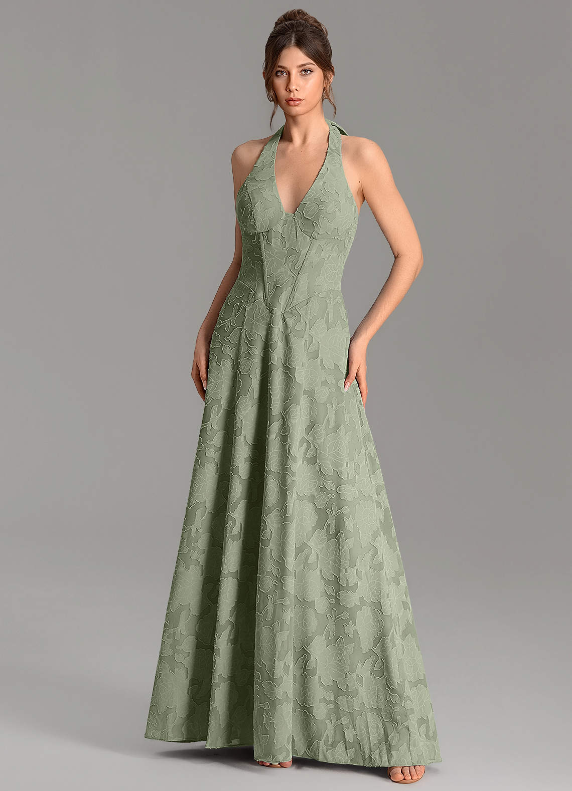 Nia A-Line V-Neck Floral Burnout Bridesmaid Dress in Pistachio