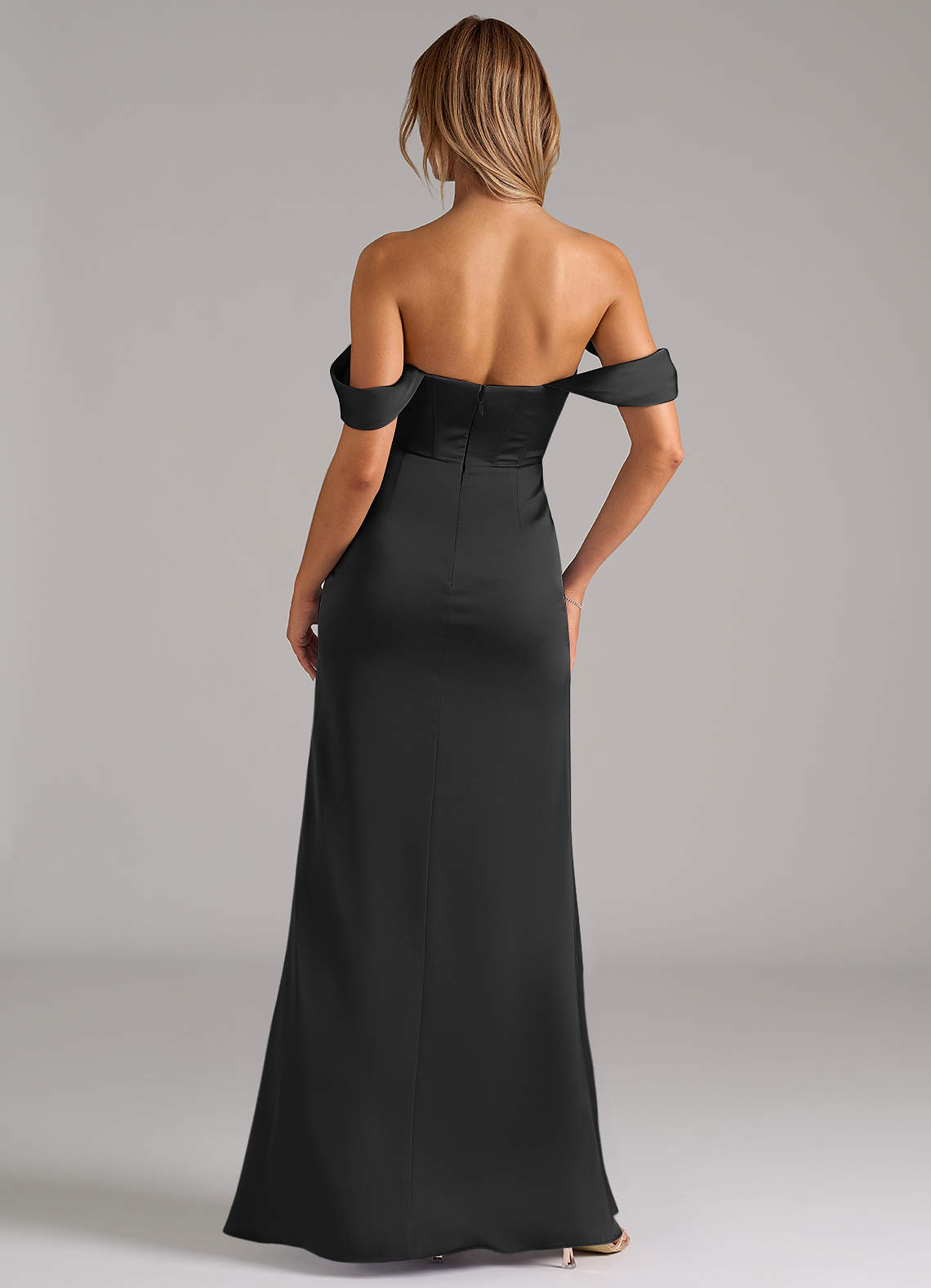 Johana Mermaid Off-the-Shoulder Stretch Satin Bridesmaid Dress in black