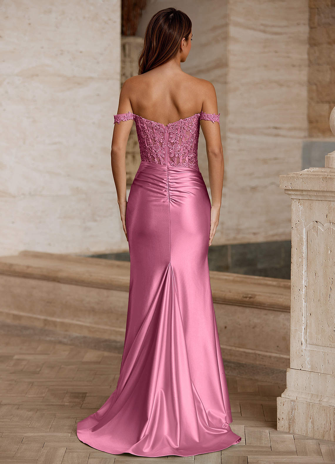 Wrentino Mermaid Off-the-Shoulder Stretch Satin Evening Dress in Dusty Pink