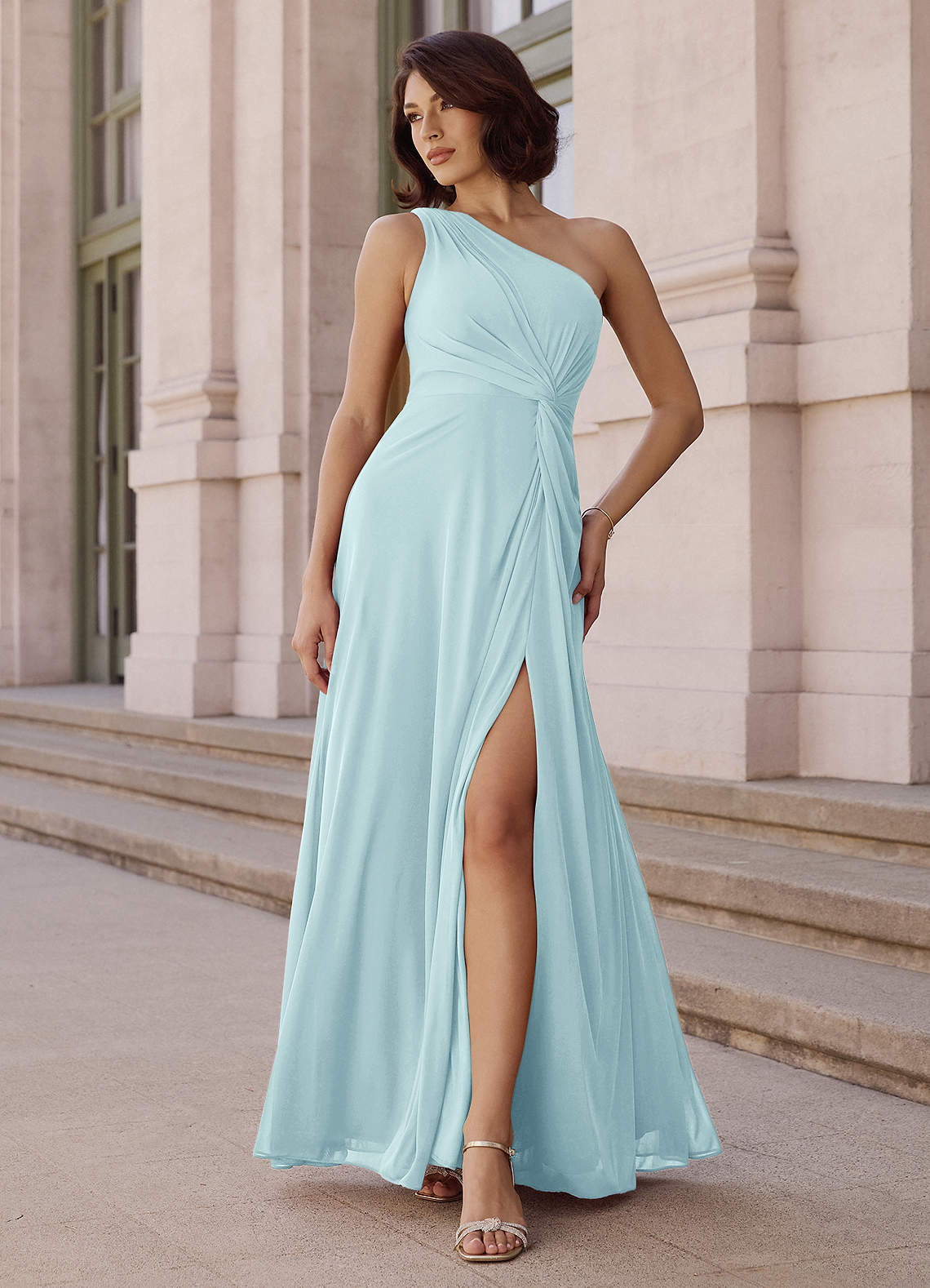 Brooke A-Line One-Shoulder Chiffon Bridesmaid Dress in Sea Glass