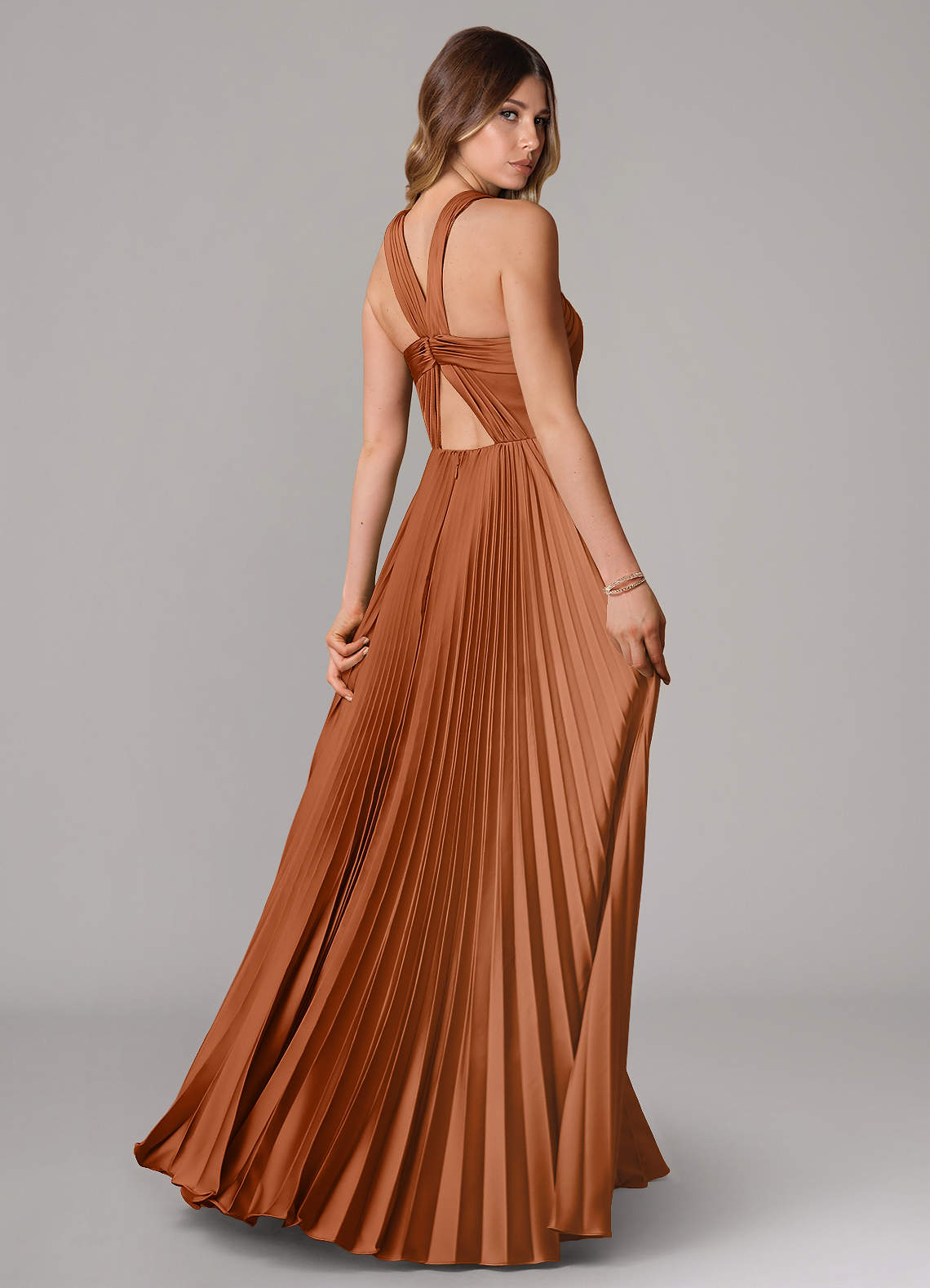Afra A-Line Halter-Neck Stretch Satin Bridesmaid Dress in Copper