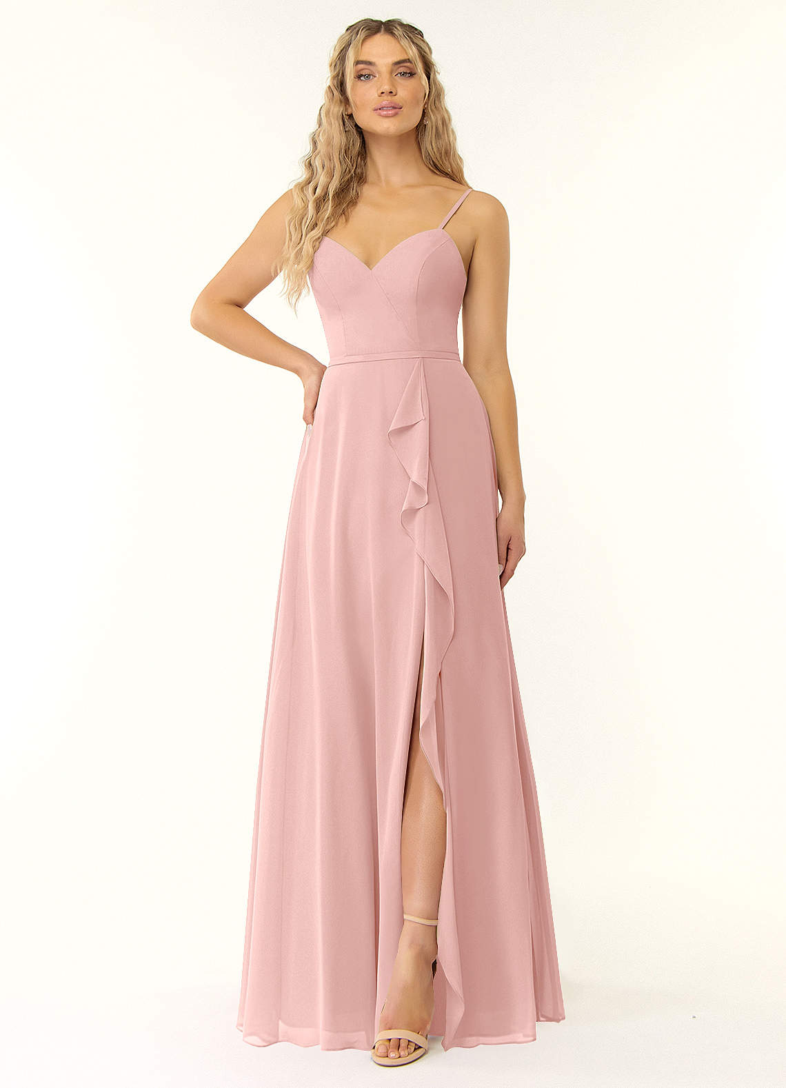 Naeem A-Line V-Neck Chiffon Bridesmaid Dress in Powder Pink
