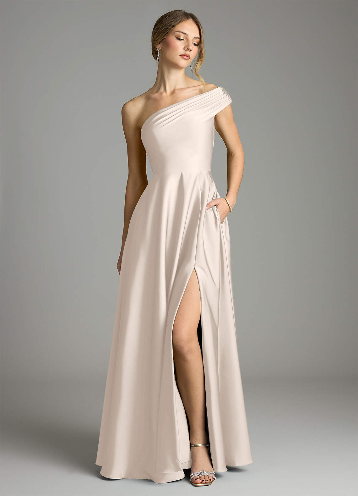 Melanie A-Line One-Shoulder Stretch Satin Bridesmaid Dress in White Alabaster