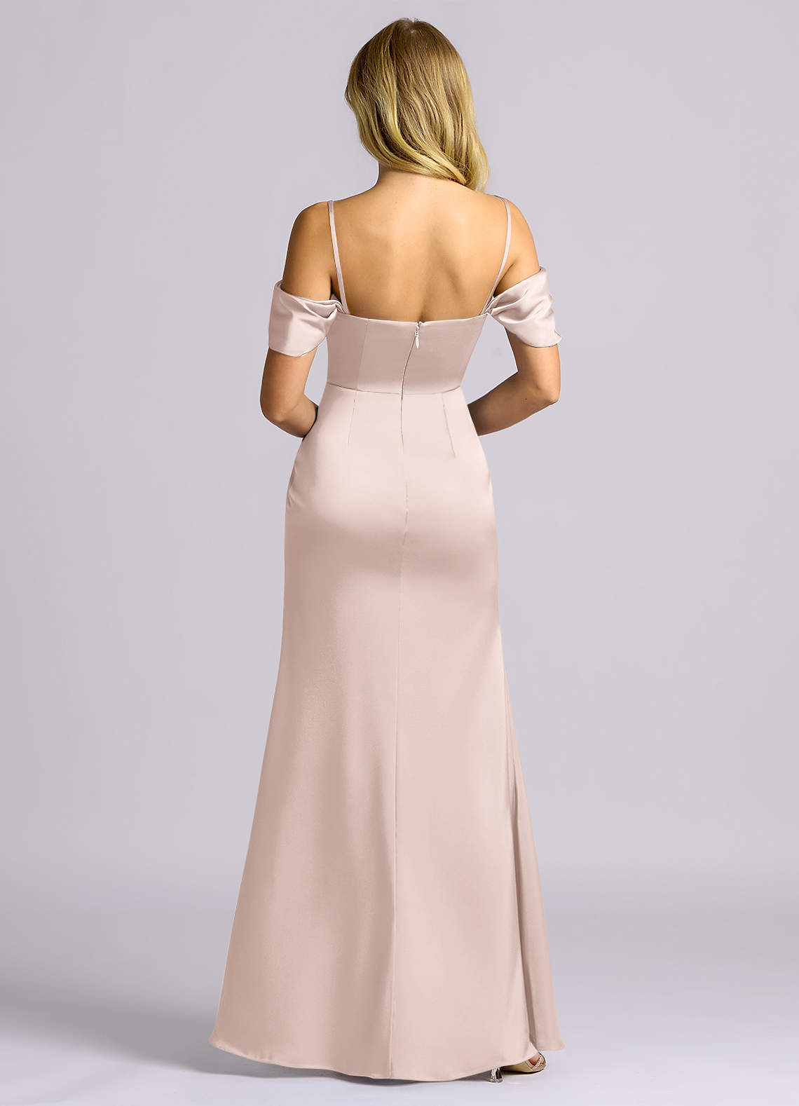 Auden Sheath Off-the-Shoulder Stretch Satin Bridesmaid Dress in Blushing Pink