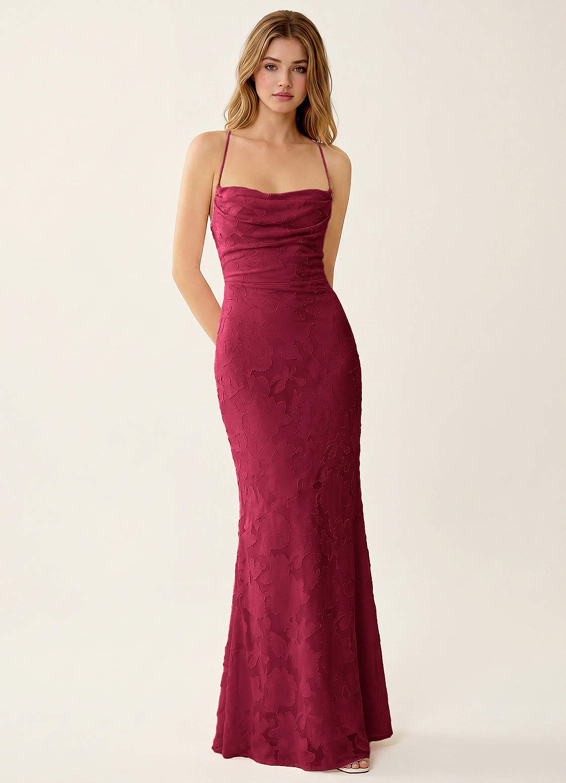 Natasha Mermaid Spaghetti-Strap Floral Burnout Evening Dress in Burgundy