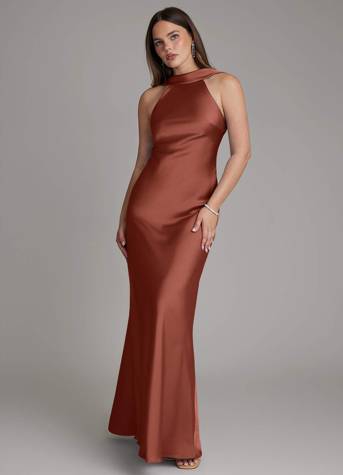 Dimitra Sheath Halter Stretch Satin Bridesmaid Dress in Auburn