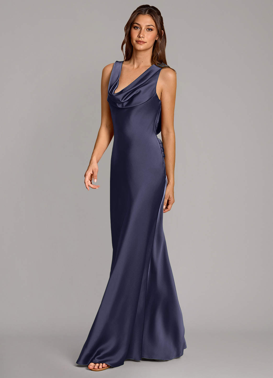 Cheryl Mermaid Cowl-Neck Stretch Satin Bridesmaid Dress in Stormy