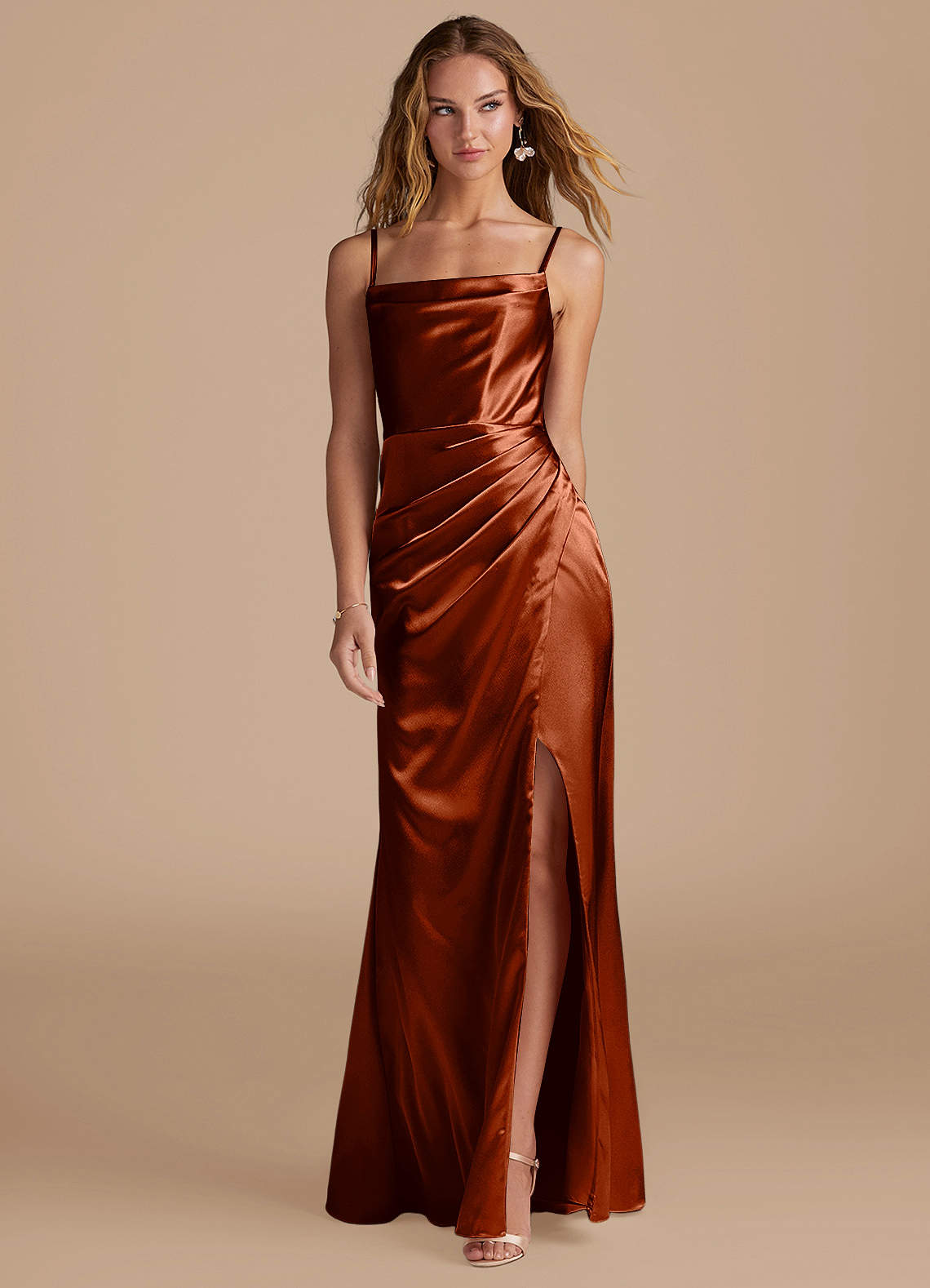 Marzia Mermaid Square-Neck Metallic Satin Bridesmaid Dress in Auburn
